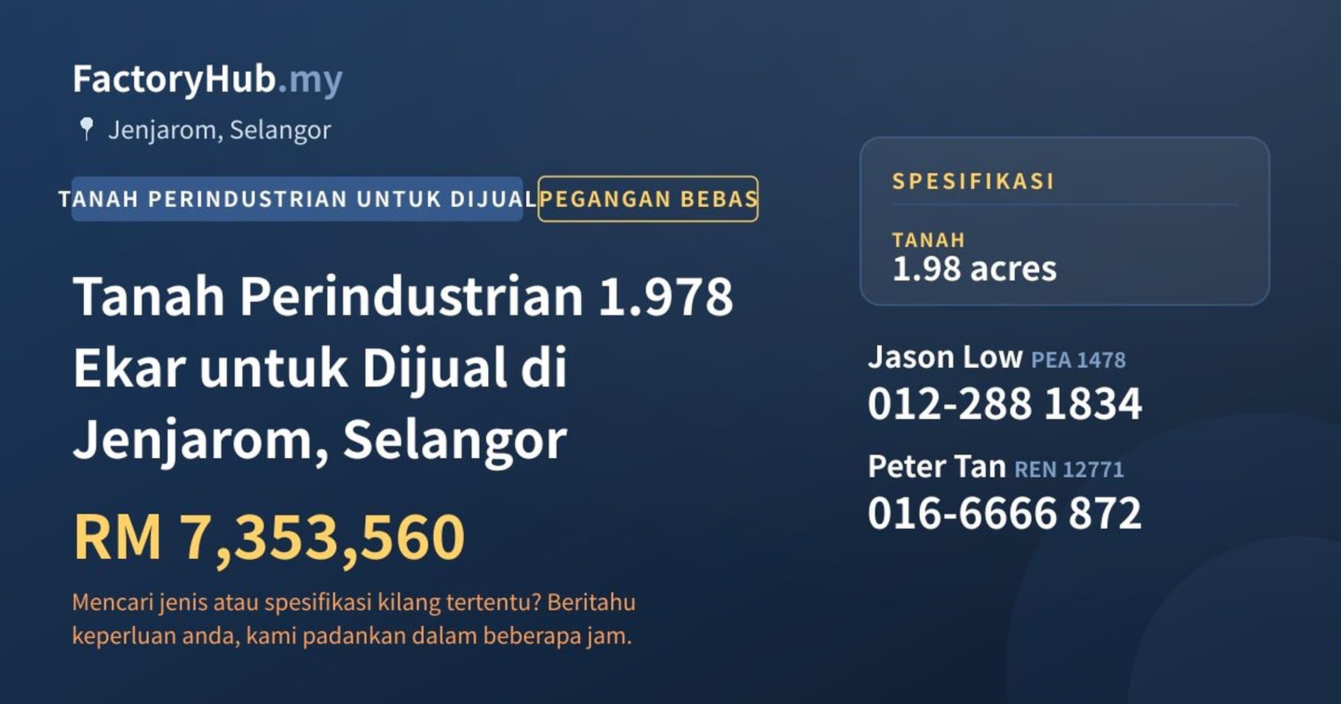 Tanah Perindustrian 1.978 Ekar untuk Dijual di Jenjarom, Selangor · Imej hartanah 1/2