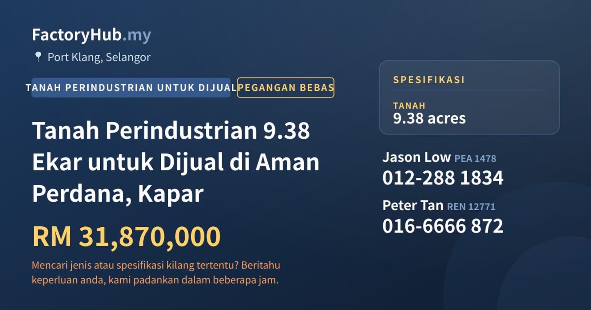 Tanah Perindustrian 9.38 Ekar untuk Dijual di Aman Perdana, Kapar · Imej hartanah 1/2