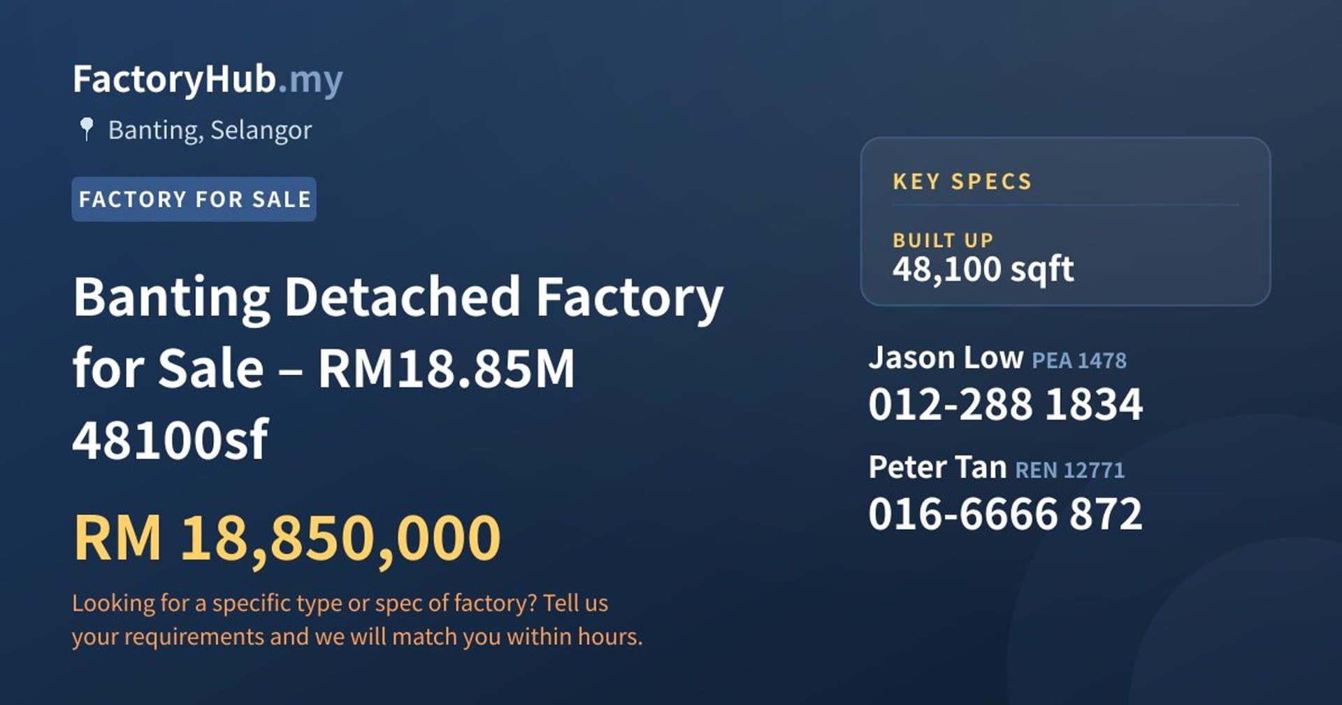 Banting Detached Factory for Sale – RM18.85M 48100sf - Property image 1 of 5