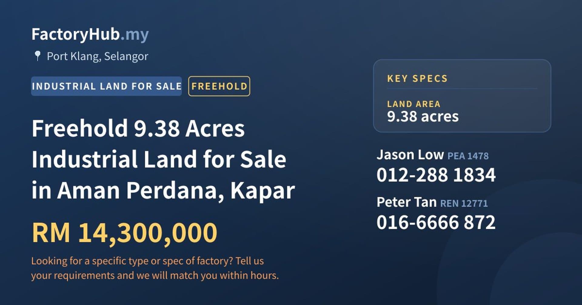 Freehold 9.38 Acres Industrial Land for Sale in Aman Perdana, Kapar - Property image 1 of 2