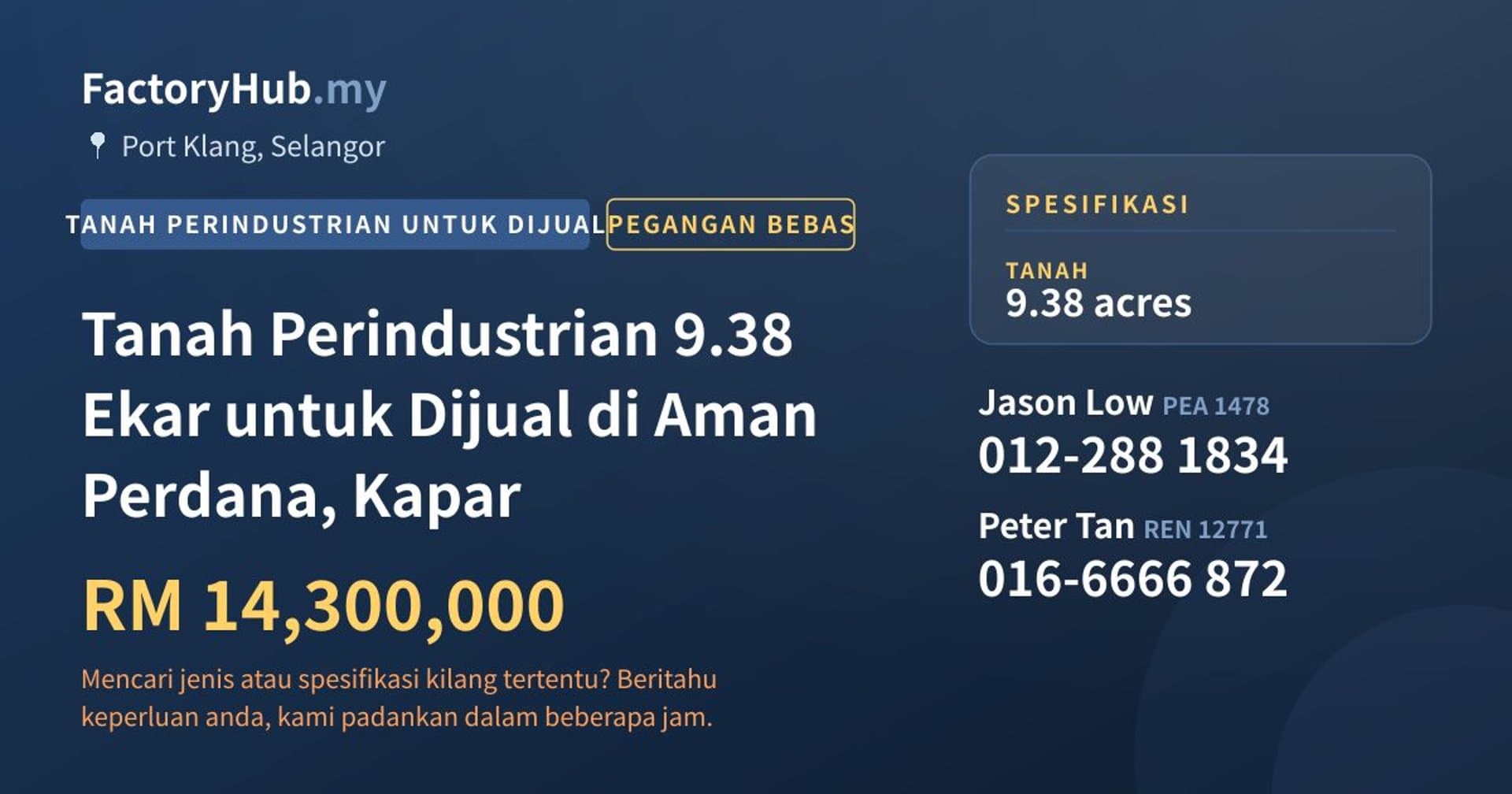 Tanah Perindustrian 9.38 Ekar untuk Dijual di Aman Perdana, Kapar · Imej hartanah 1/2