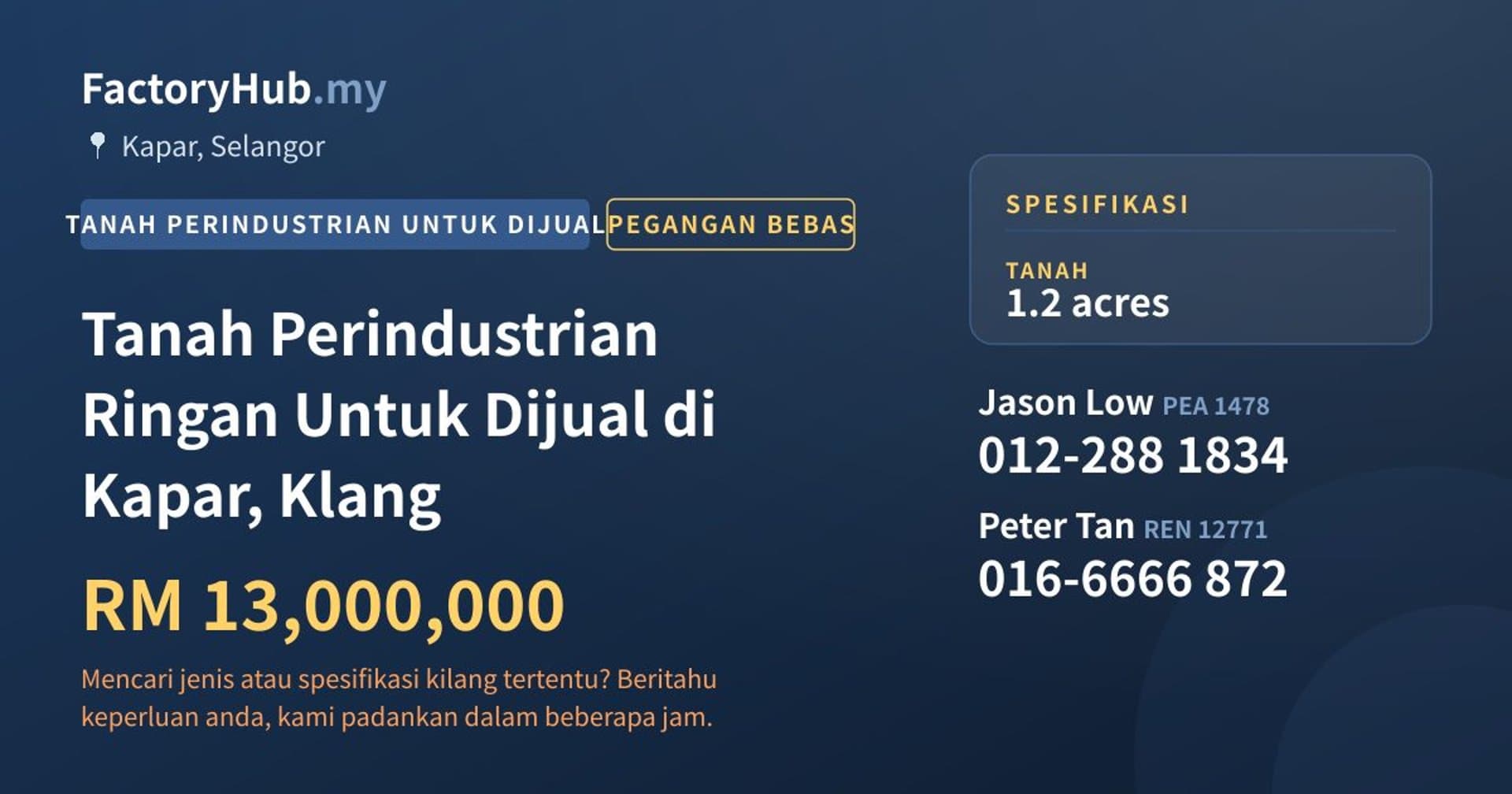 Tanah Perindustrian Ringan Untuk Dijual di Kapar, Klang · Imej hartanah 1/2