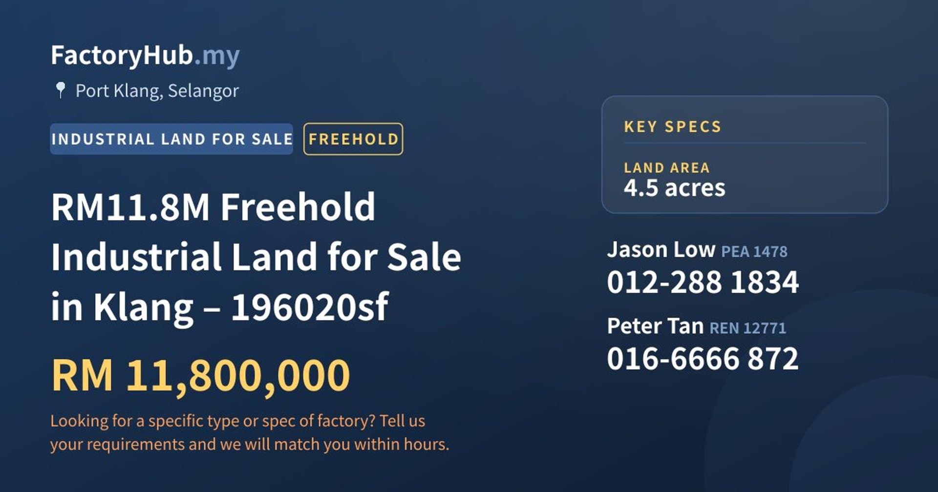 RM11.8M Freehold Industrial Land for Sale in Klang – 196020sf - Property image 1 of 4