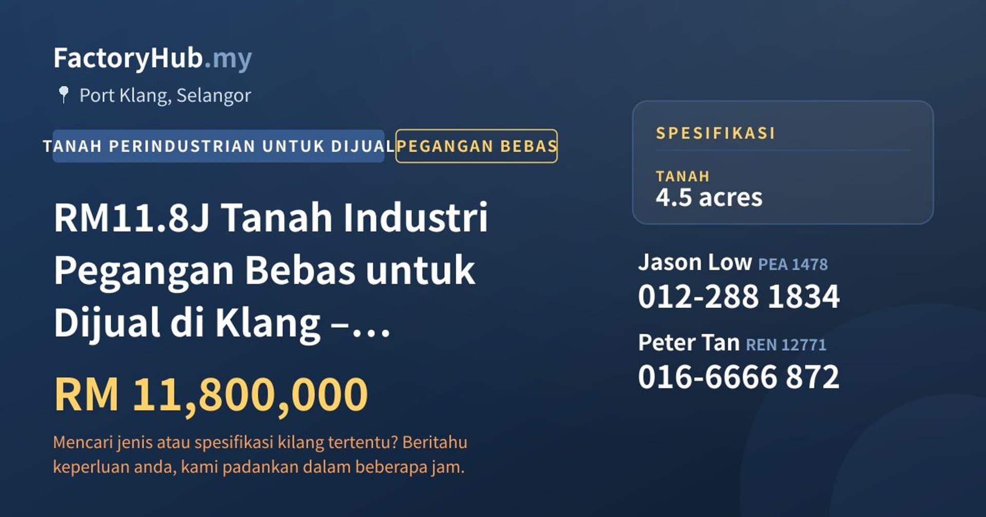 RM11.8J Tanah Industri Pegangan Bebas untuk Dijual di Klang – 196020kp · Imej hartanah 1/4