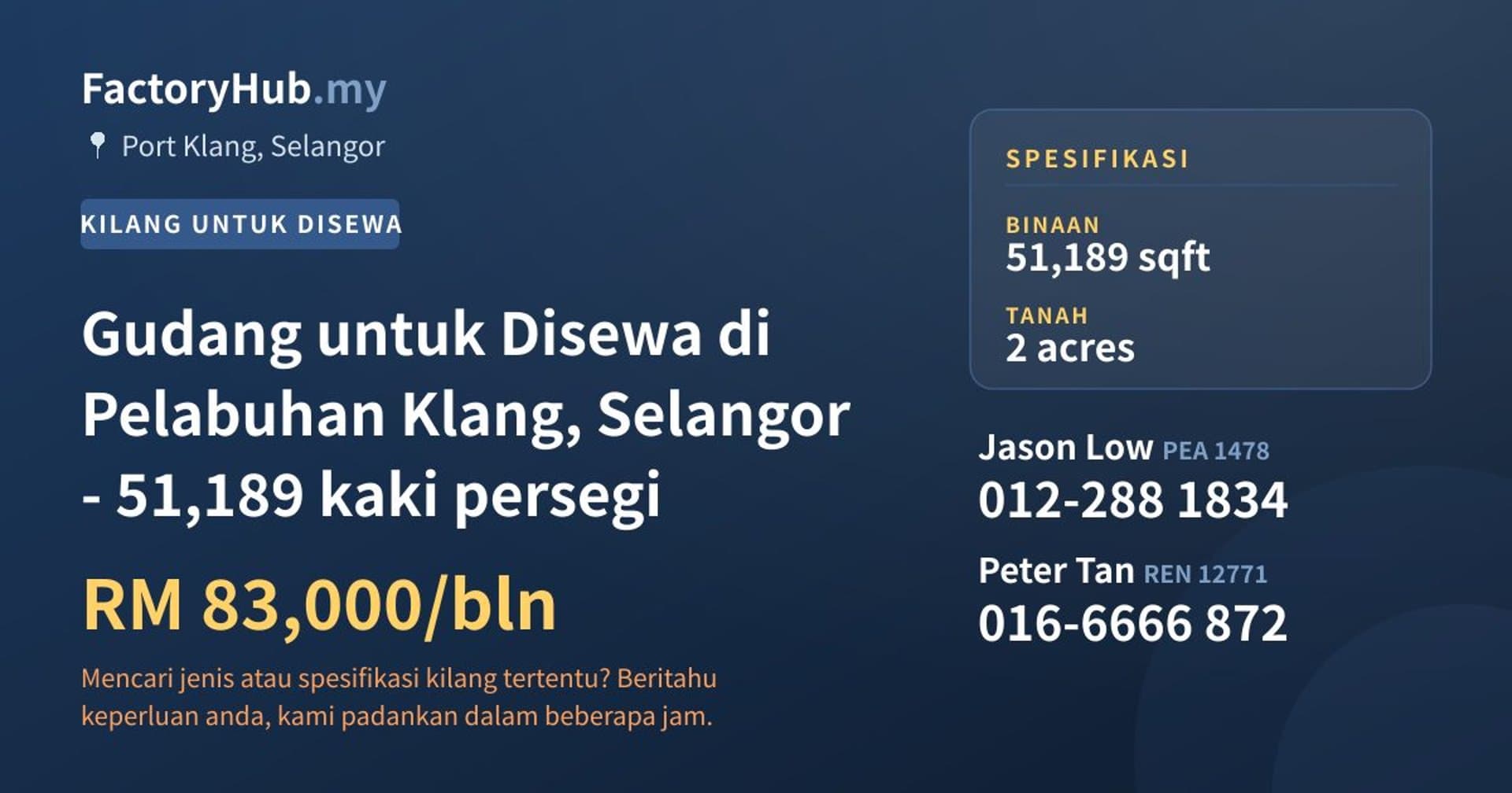 Gudang untuk Disewa di Pelabuhan Klang, Selangor - 51,189 kaki persegi · Imej hartanah 1/2