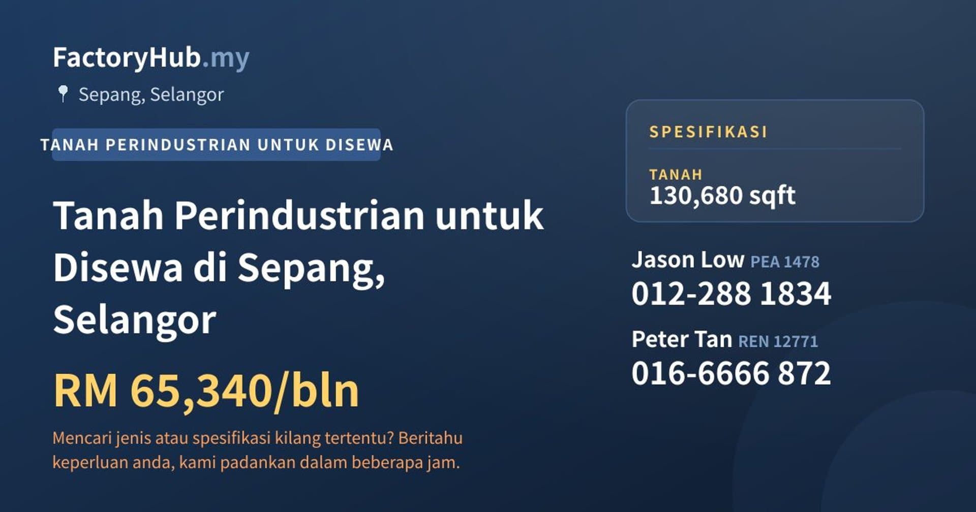 Tanah Perindustrian untuk Disewa di Sepang, Selangor · Imej hartanah 1/2