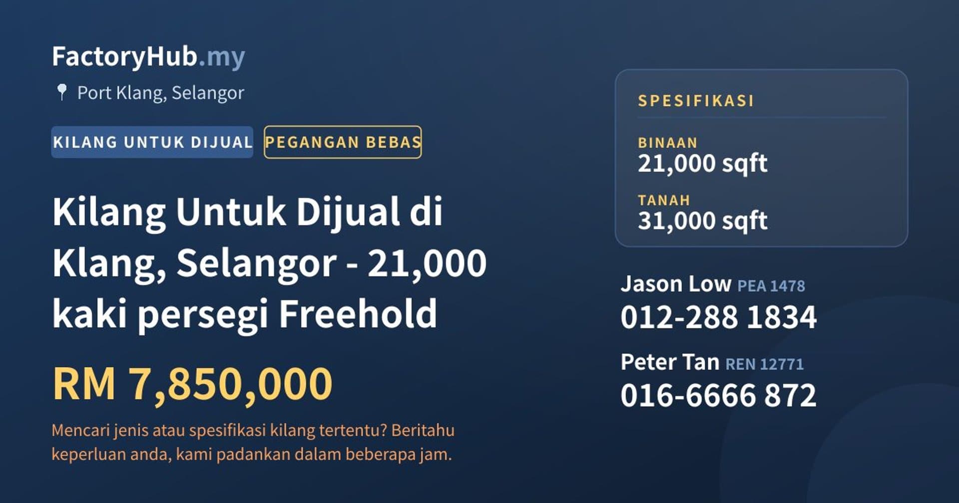 Kilang Untuk Dijual di Klang, Selangor - 21,000 kaki persegi Freehold · Imej hartanah 1/2