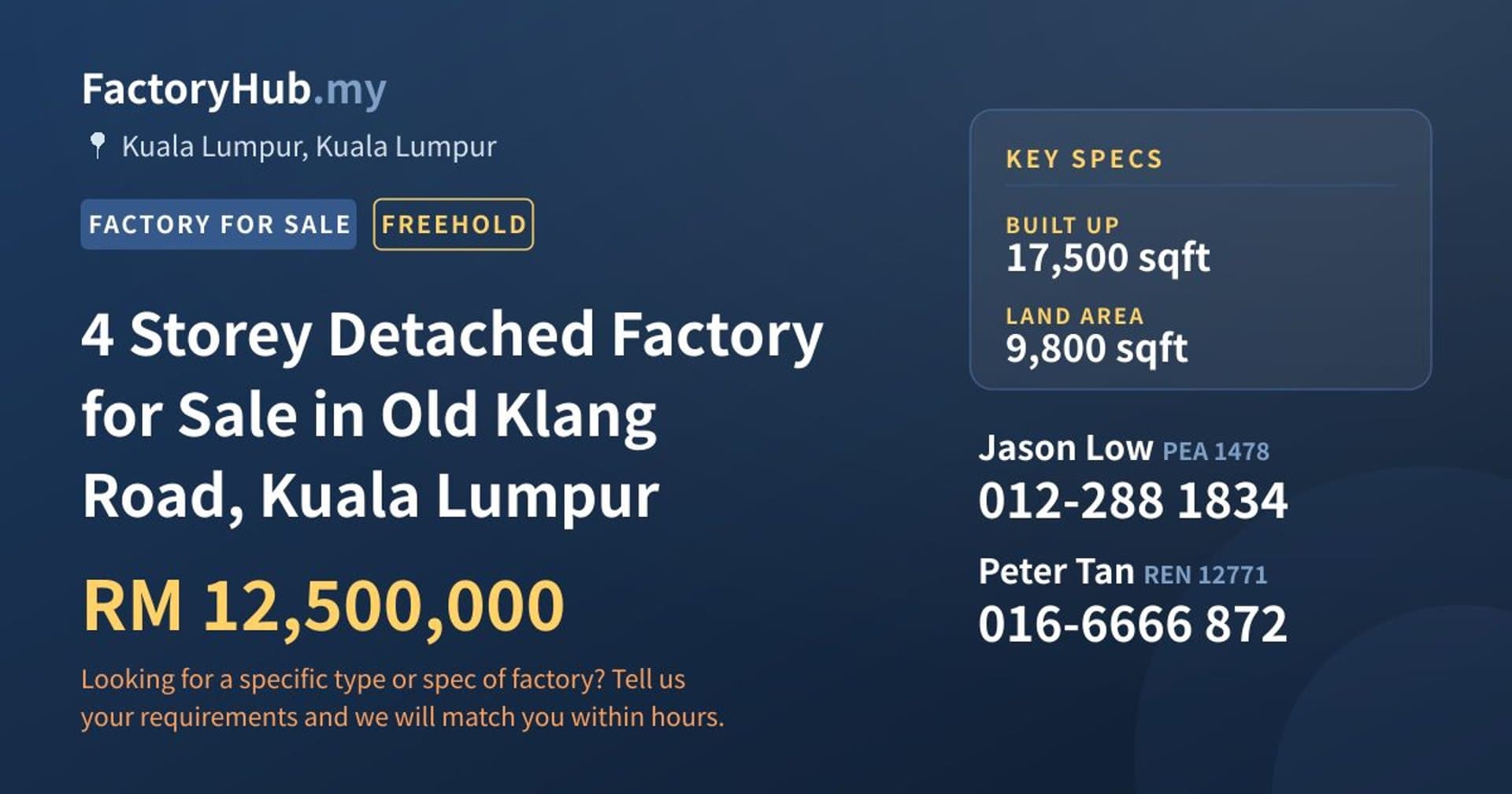 4 Storey Detached Factory for Sale in Old Klang Road, Kuala Lumpur - Property image 1 of 2