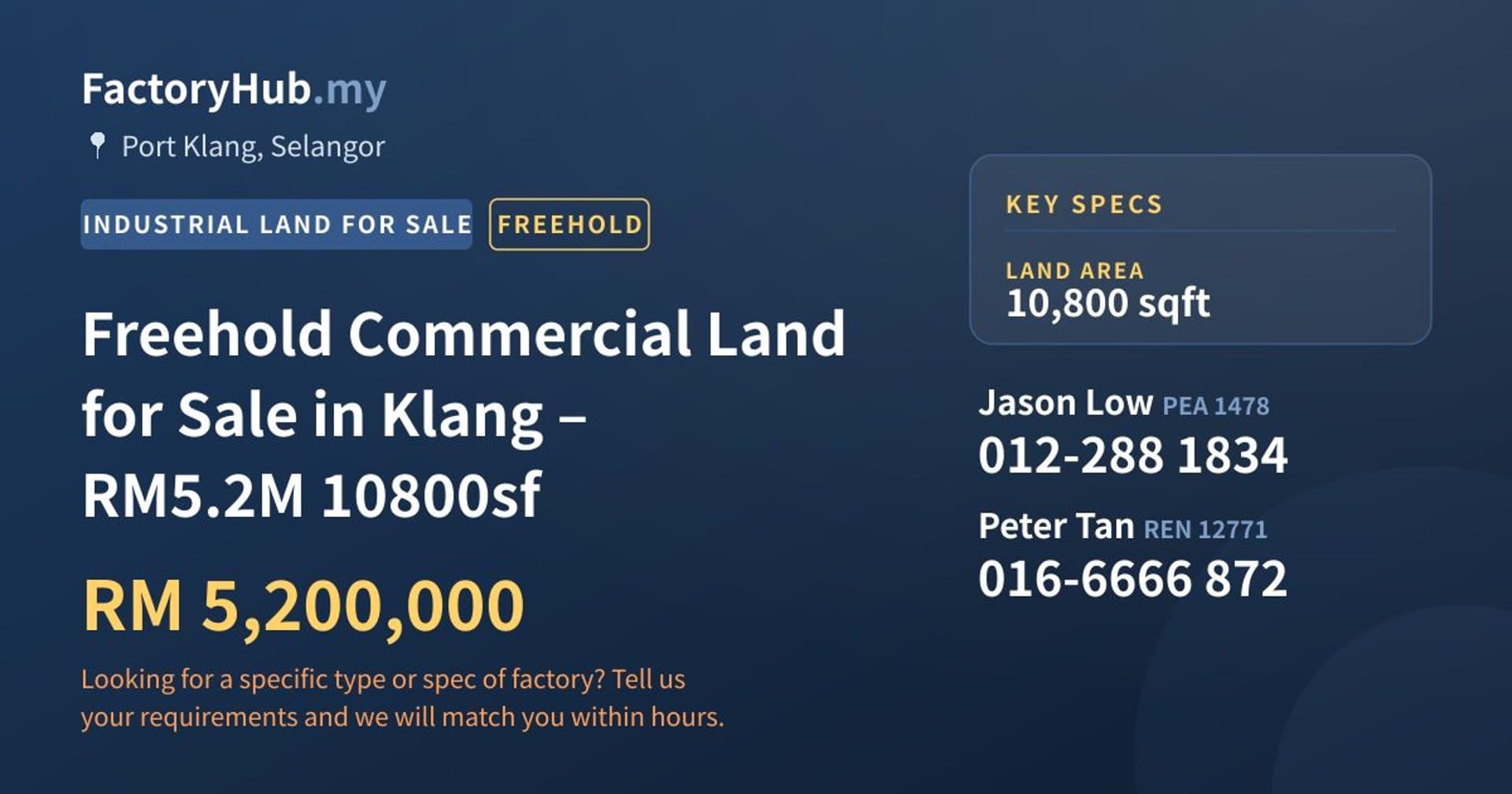 Freehold Commercial Land for Sale in Klang – RM5.2M 10800sf - Property image 1 of 5