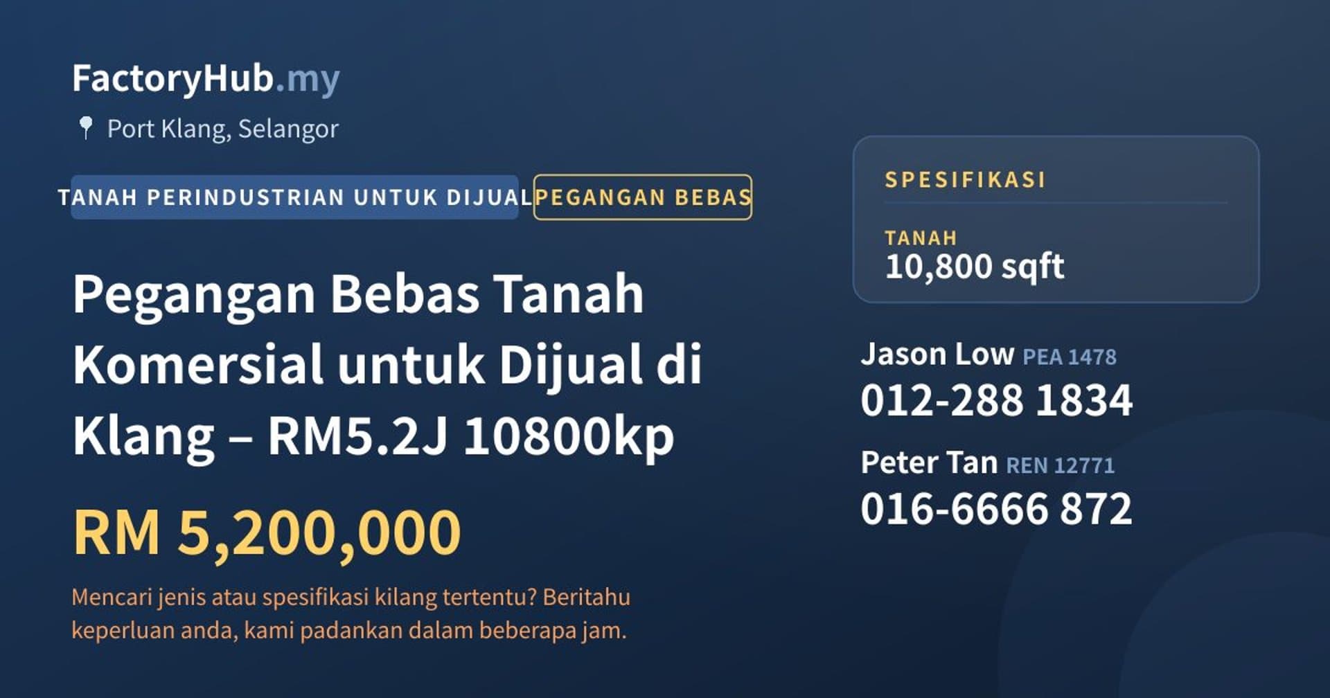 Pegangan Bebas Tanah Komersial untuk Dijual di Klang – RM5.2J 10800kp · Imej hartanah 1/5