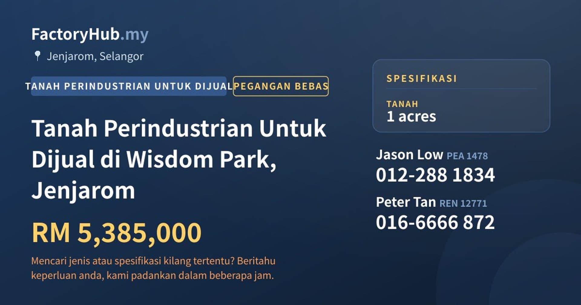 Tanah Perindustrian Untuk Dijual di Wisdom Park, Jenjarom · Imej hartanah 1/2