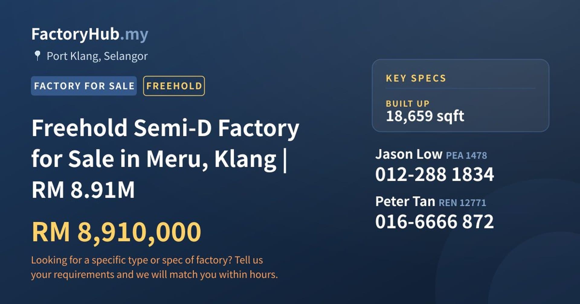 Freehold Semi-D Factory for Sale in Meru, Klang | RM 8.91M - Property image 1 of 2