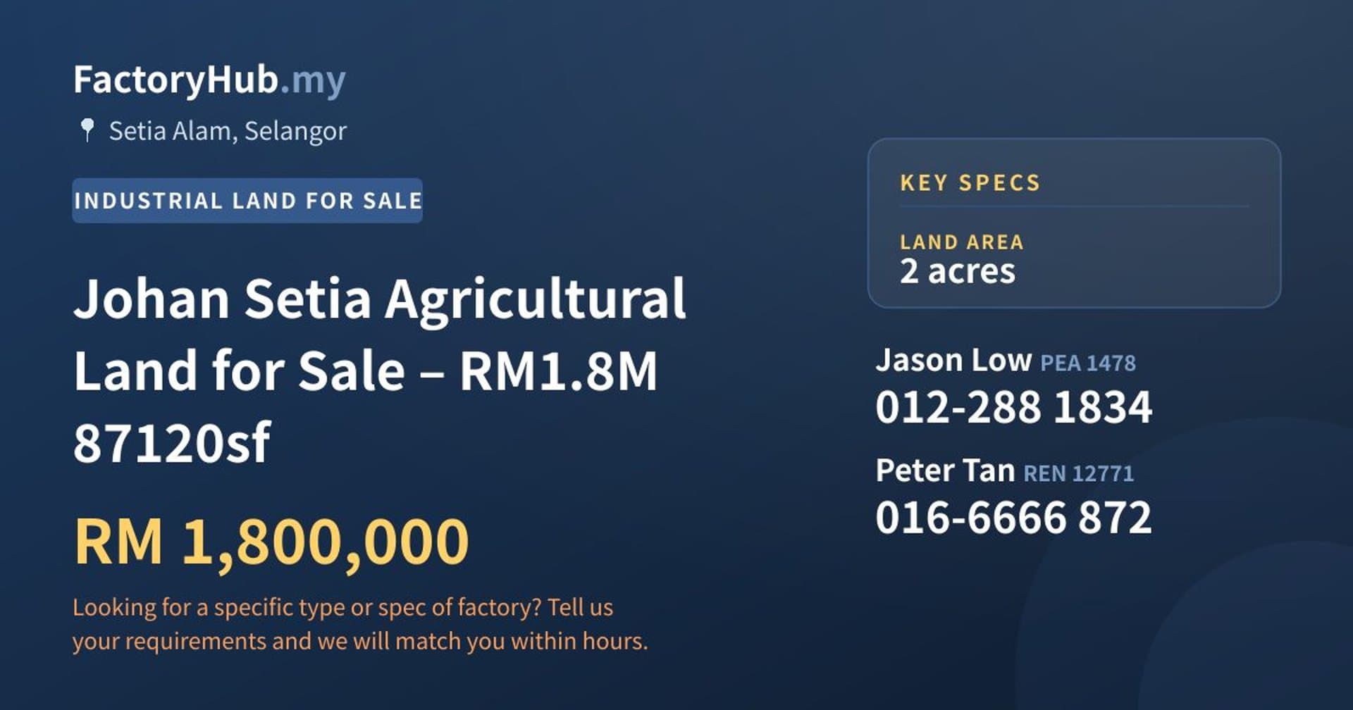 Johan Setia Agricultural Land for Sale – RM1.8M 87120sf - Property image 1 of 3