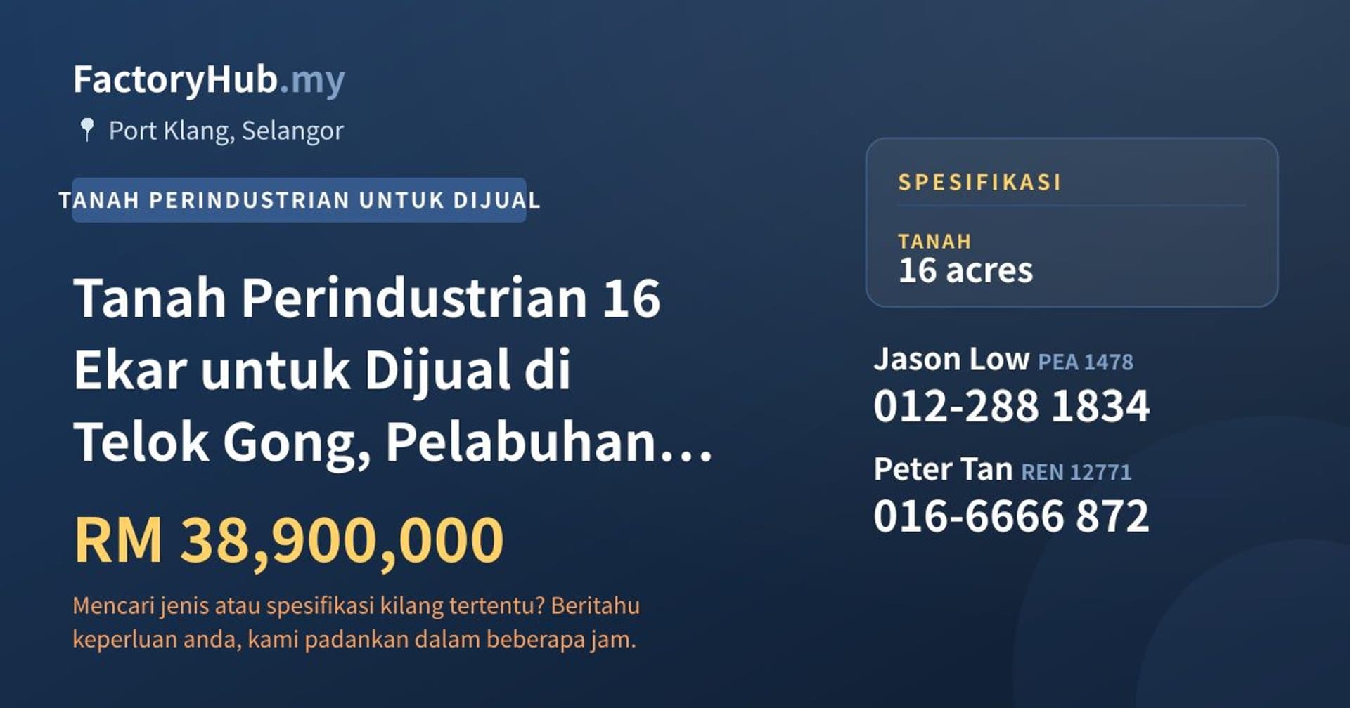 Tanah Perindustrian 16 Ekar untuk Dijual di Telok Gong, Pelabuhan Klang · Imej hartanah 1/2