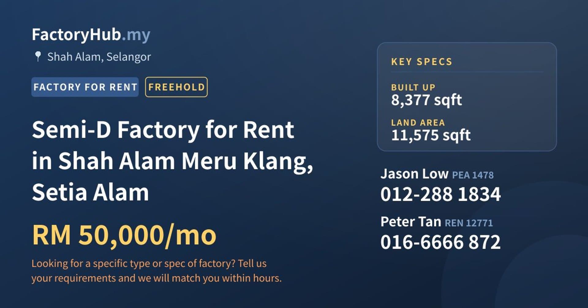Semi-D Factory for Rent in Shah Alam Meru Klang, Setia Alam - Property image 1 of 2