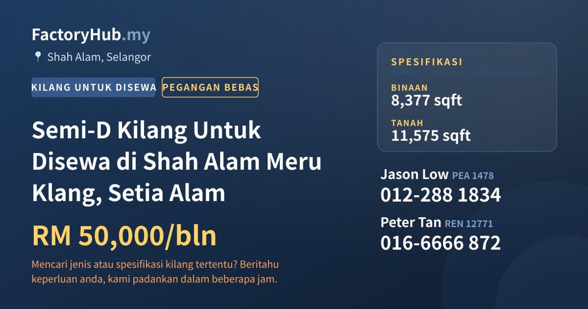 Semi-D Kilang Untuk Disewa di Shah Alam Meru Klang, Setia Alam · Imej hartanah 1/2