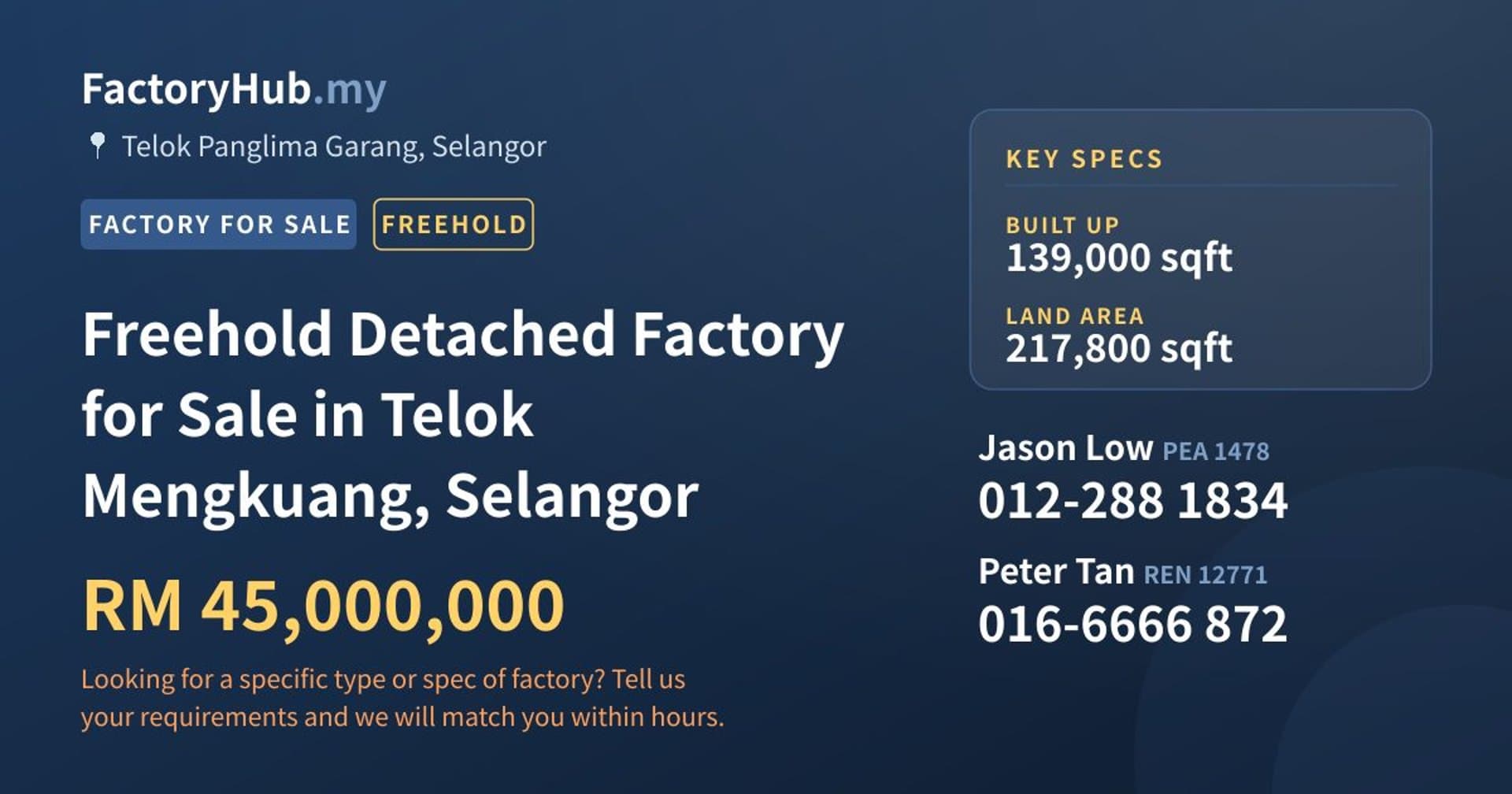 Freehold Detached Factory for Sale in Telok Mengkuang, Selangor - Property image 1 of 2
