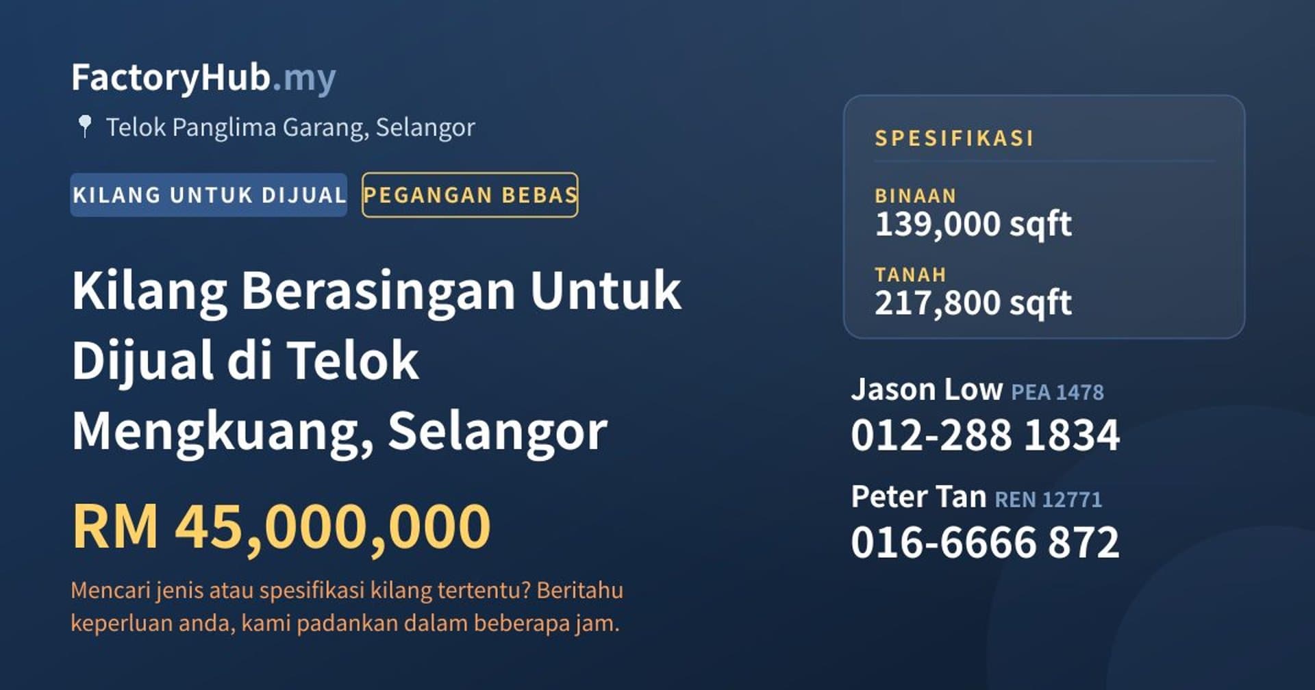 Kilang Berasingan Untuk Dijual di Telok Mengkuang, Selangor · Imej hartanah 1/2