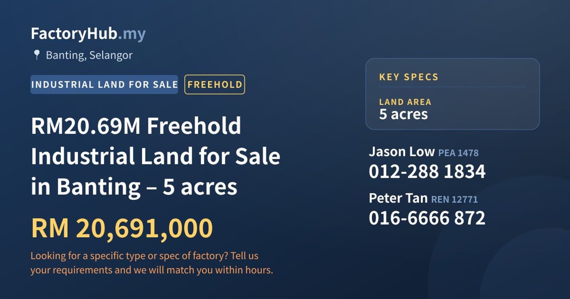 RM20.69M Freehold Industrial Land for Sale in Banting – 5 acres - Property image 1 of 6