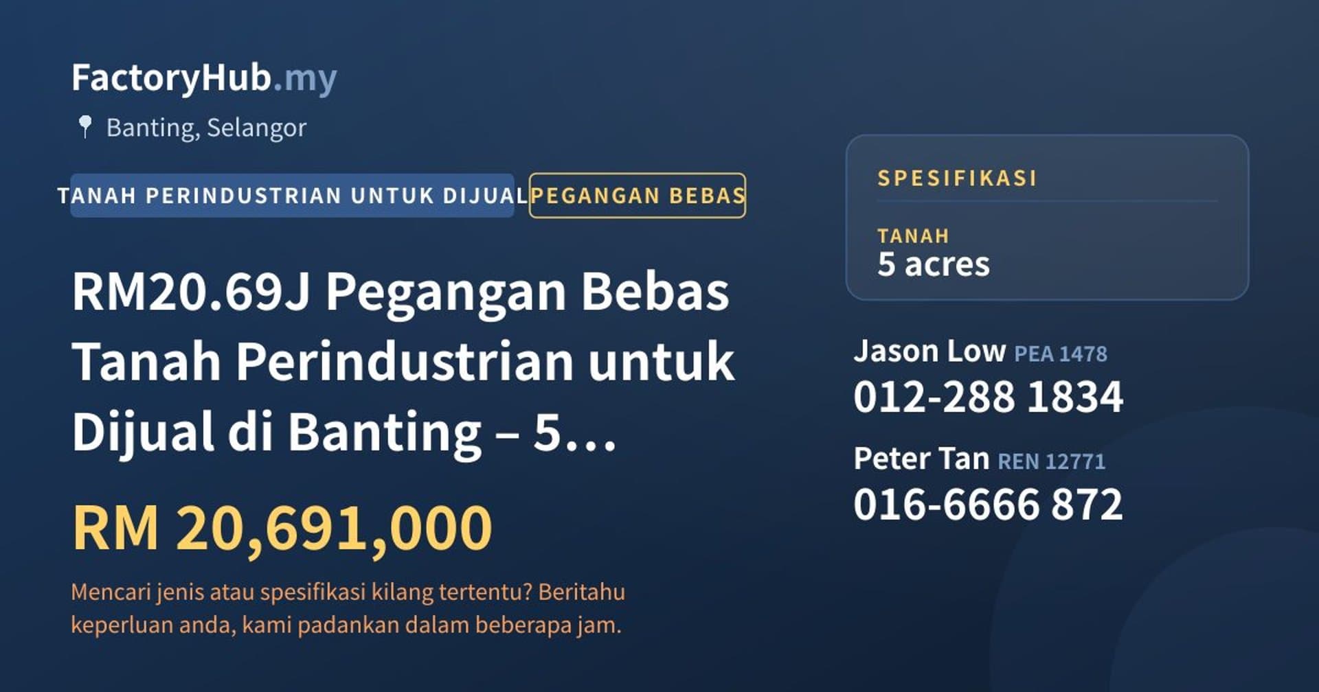 RM20.69J Pegangan Bebas Tanah Perindustrian untuk Dijual di Banting – 5 ekar · Imej hartanah 1/6