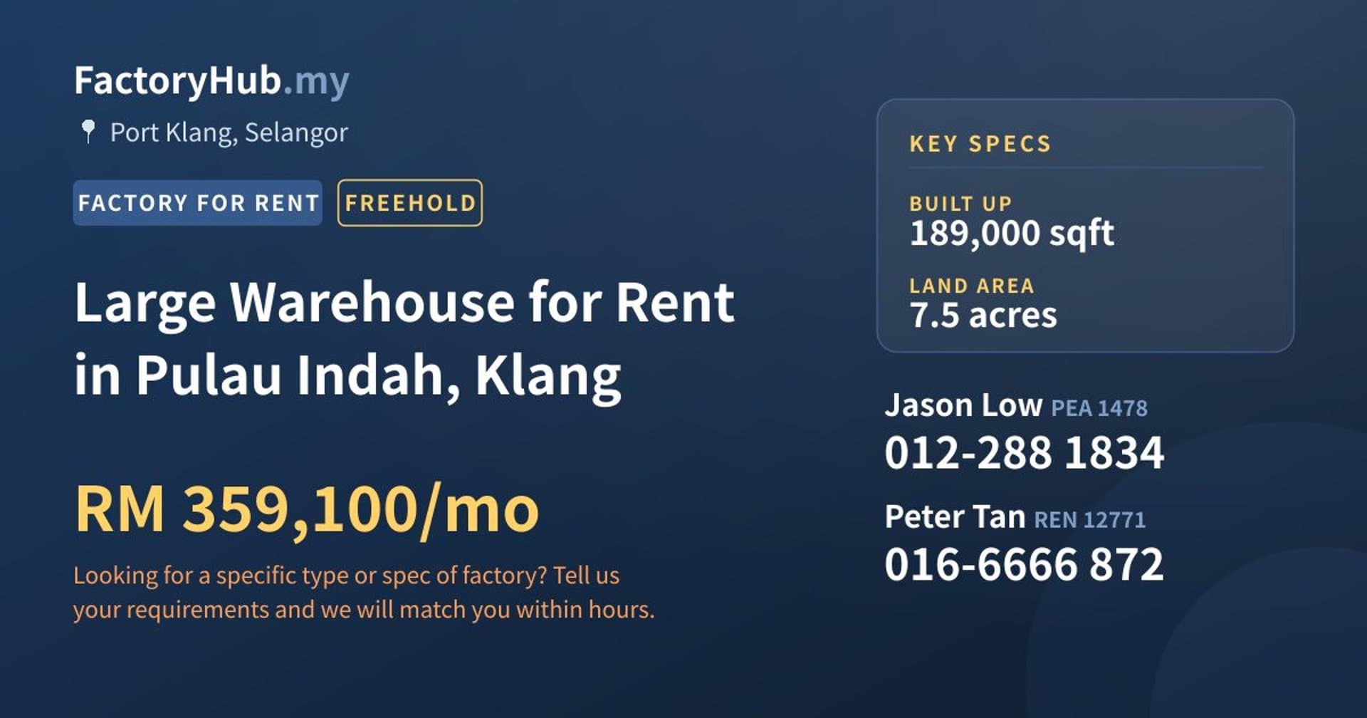 Large Warehouse for Rent in Pulau Indah, Klang - Property image 1 of 2