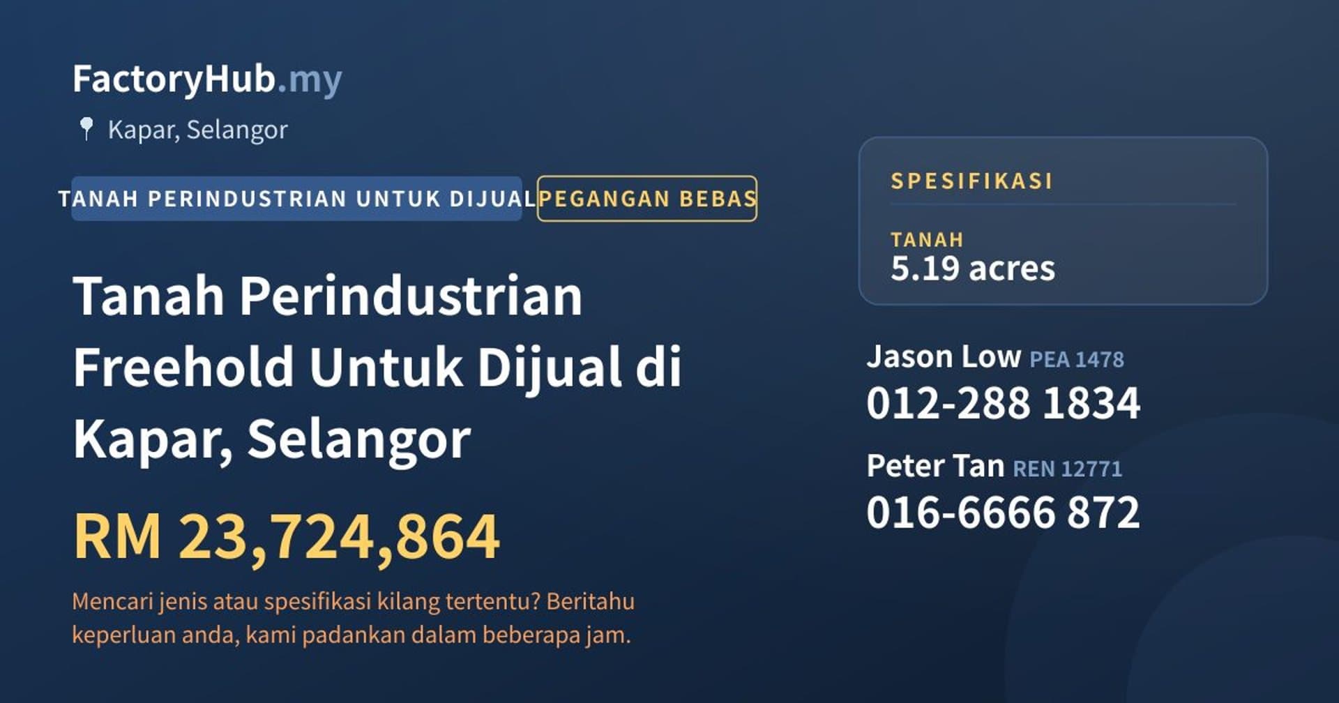 Tanah Perindustrian Freehold Untuk Dijual di Kapar, Selangor · Imej hartanah 1/2