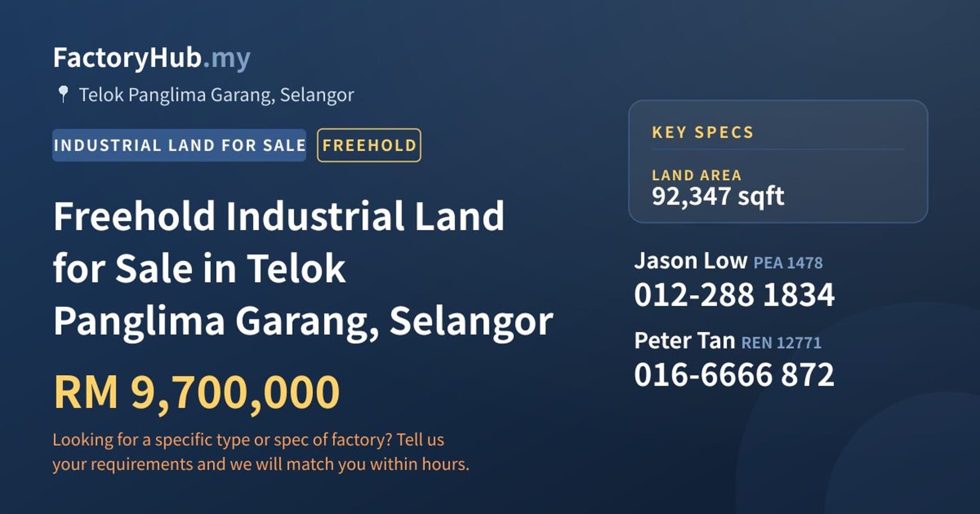 Freehold Industrial Land for Sale in Telok Panglima Garang, Selangor - Property image 1 of 2
