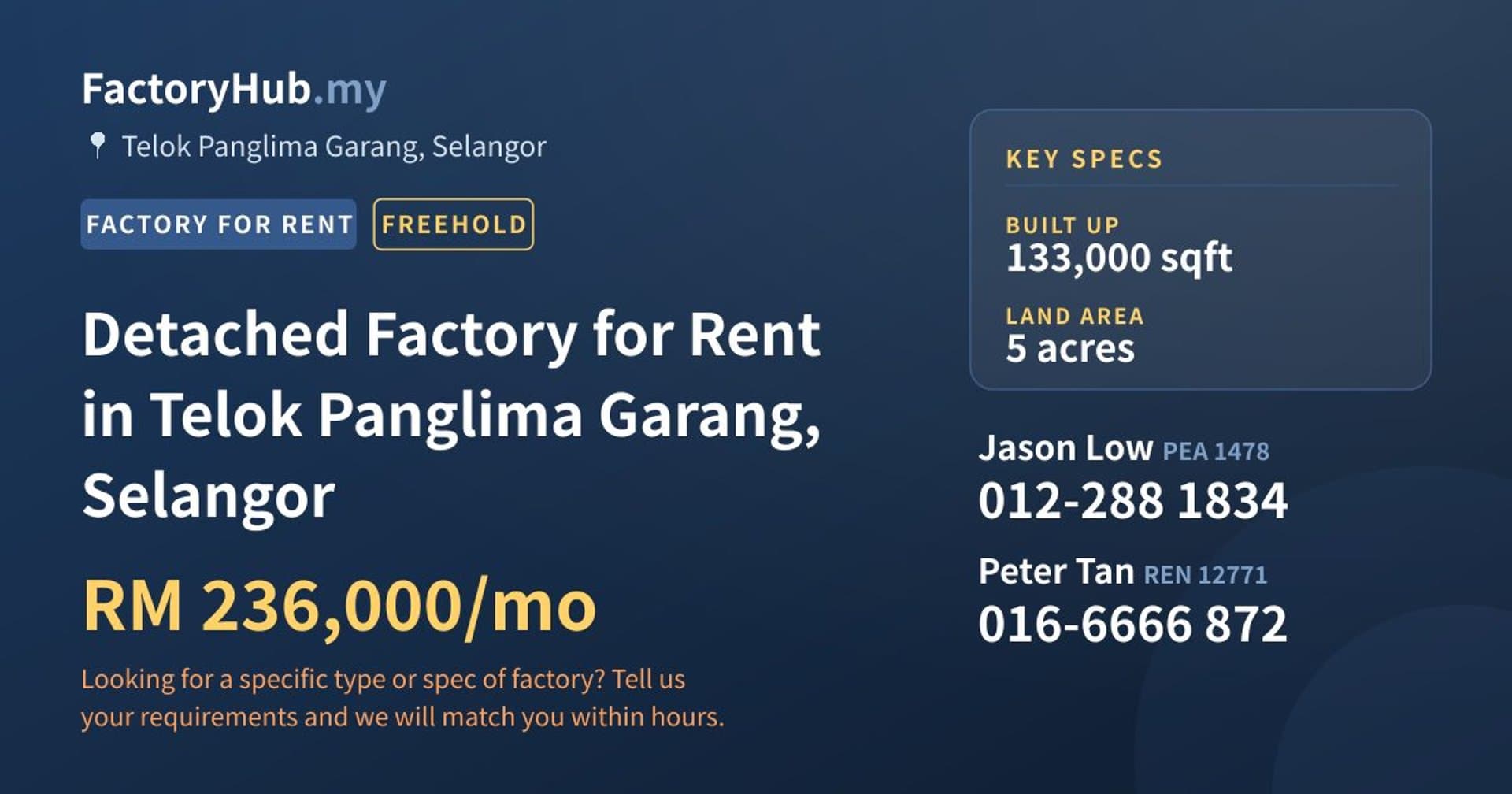 Detached Factory for Rent in Telok Panglima Garang, Selangor - Property image 1 of 2