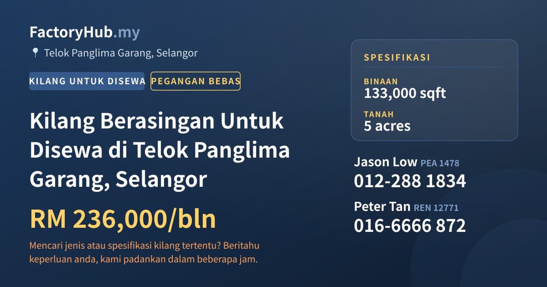 Kilang Berasingan Untuk Disewa di Telok Panglima Garang, Selangor · Imej hartanah 1/2