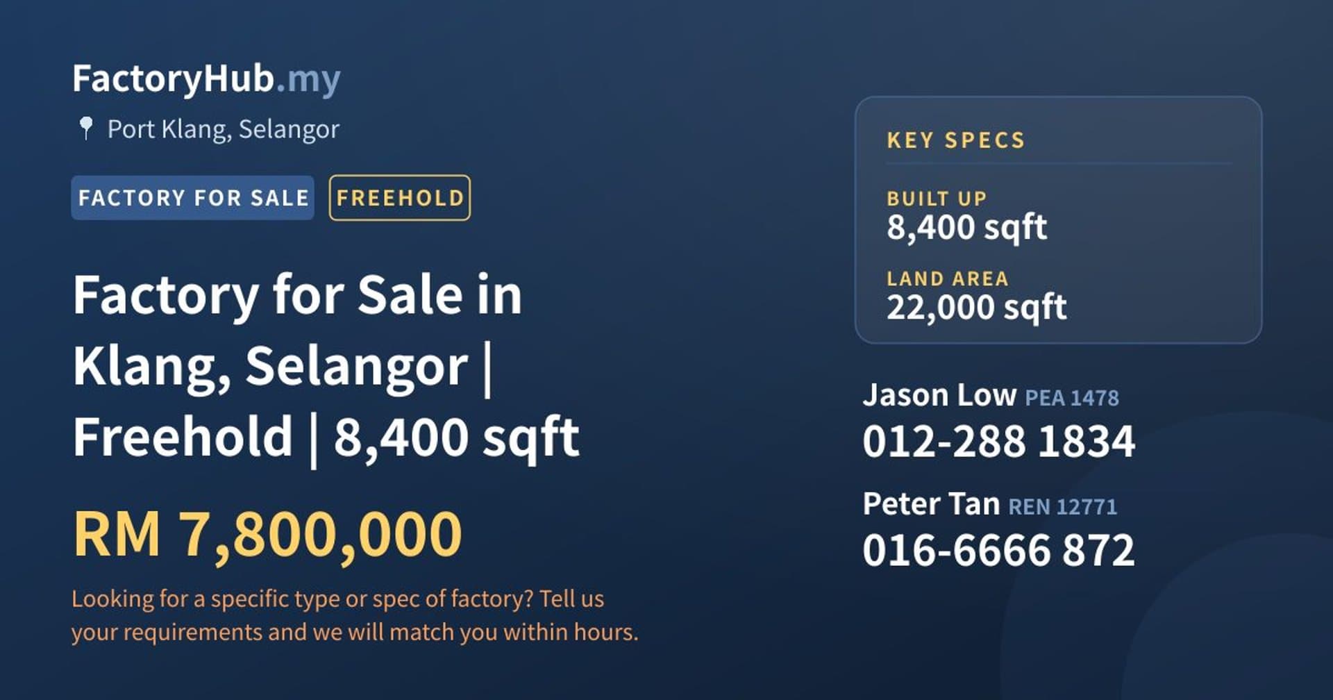 Factory for Sale in Klang, Selangor | Freehold | 8,400 sqft - Property image 1 of 2