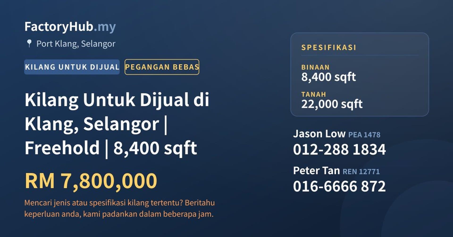 Kilang Untuk Dijual di Klang, Selangor | Freehold | 8,400 sqft · Imej hartanah 1/2