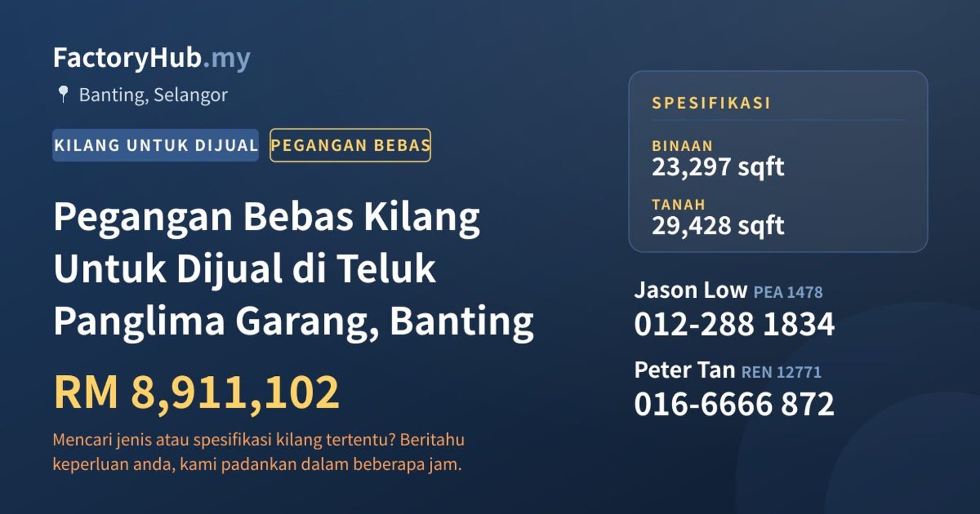 Pegangan Bebas Kilang Untuk Dijual di Teluk Panglima Garang, Banting · Imej hartanah 1/2