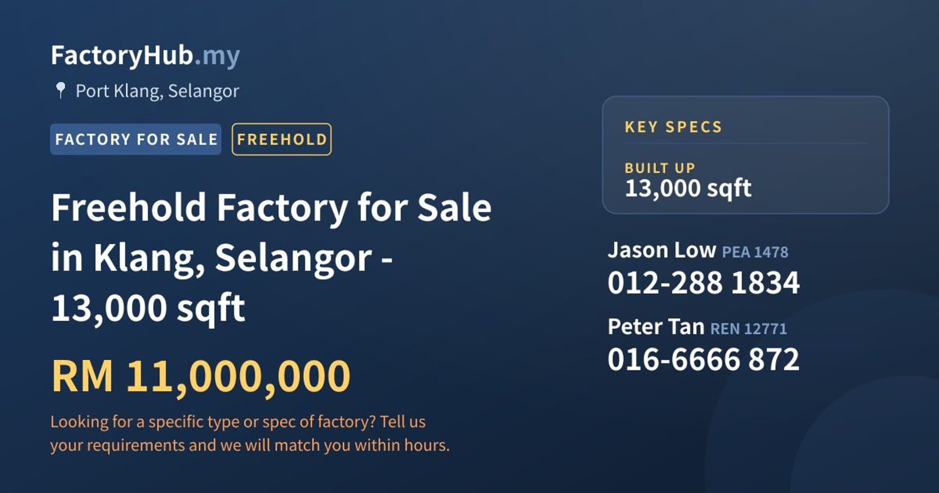 Freehold Factory for Sale in Klang, Selangor - 13,000 sqft - Property image 1 of 2
