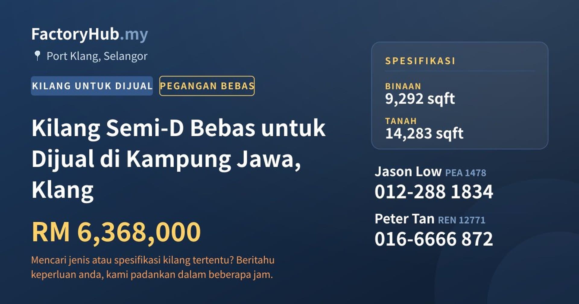 Kilang Semi-D Bebas untuk Dijual di Kampung Jawa, Klang · Imej hartanah 1/2