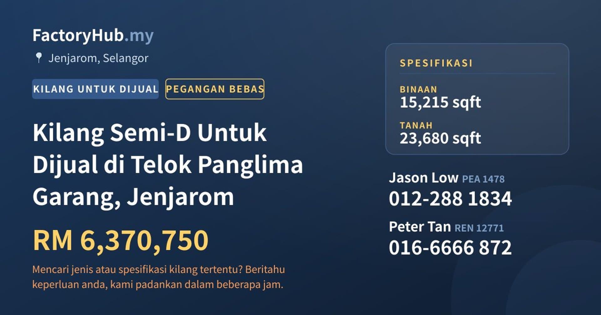 Kilang Semi-D Untuk Dijual di Telok Panglima Garang, Jenjarom · Imej hartanah 1/2