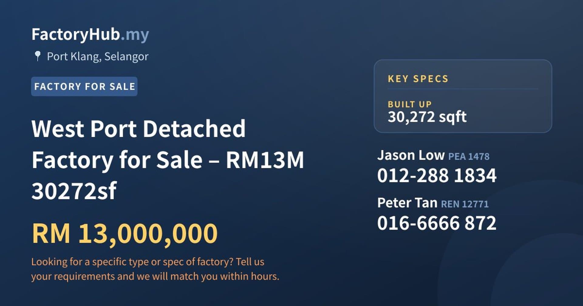 West Port Detached Factory for Sale – RM13M 30272sf - Property image 1 of 5