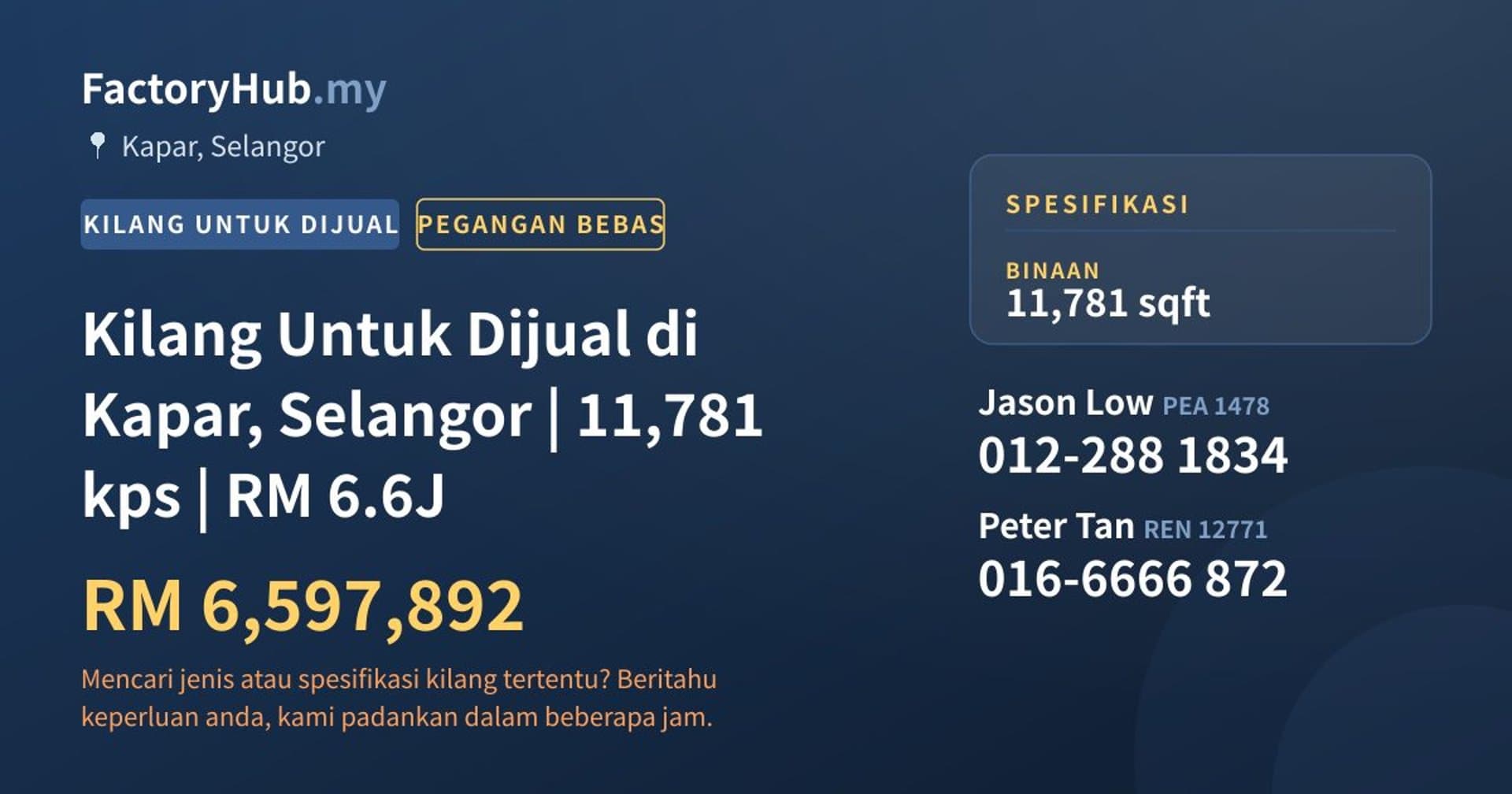 Kilang Untuk Dijual di Kapar, Selangor | 11,781 kps | RM 6.6J · Imej hartanah 1/2