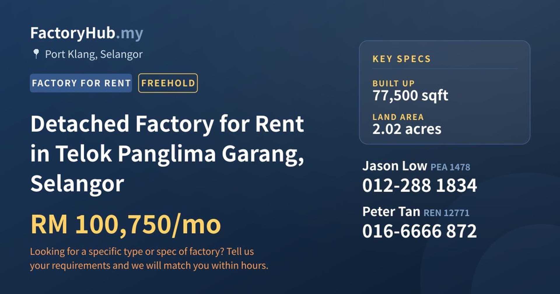Detached Factory for Rent in Telok Panglima Garang, Selangor - Property image 1 of 2