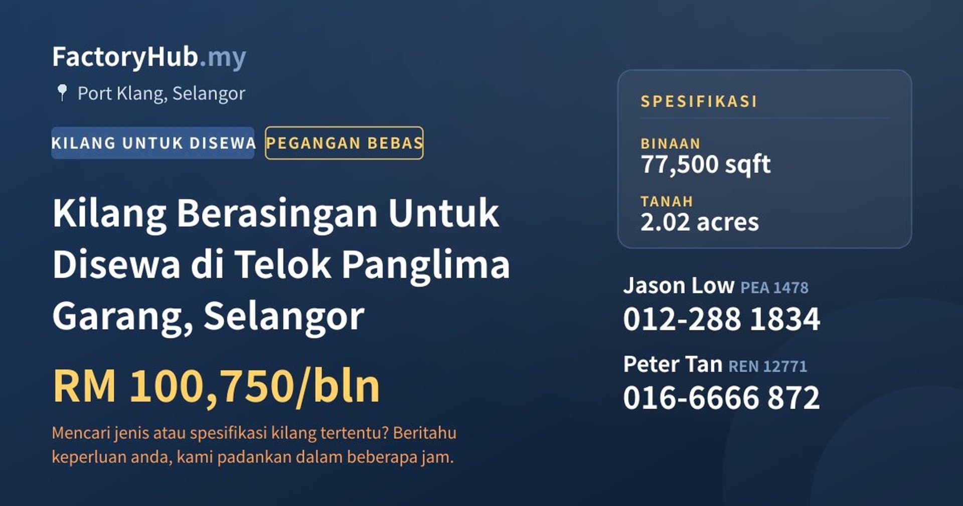 Kilang Berasingan Untuk Disewa di Telok Panglima Garang, Selangor · Imej hartanah 1/2