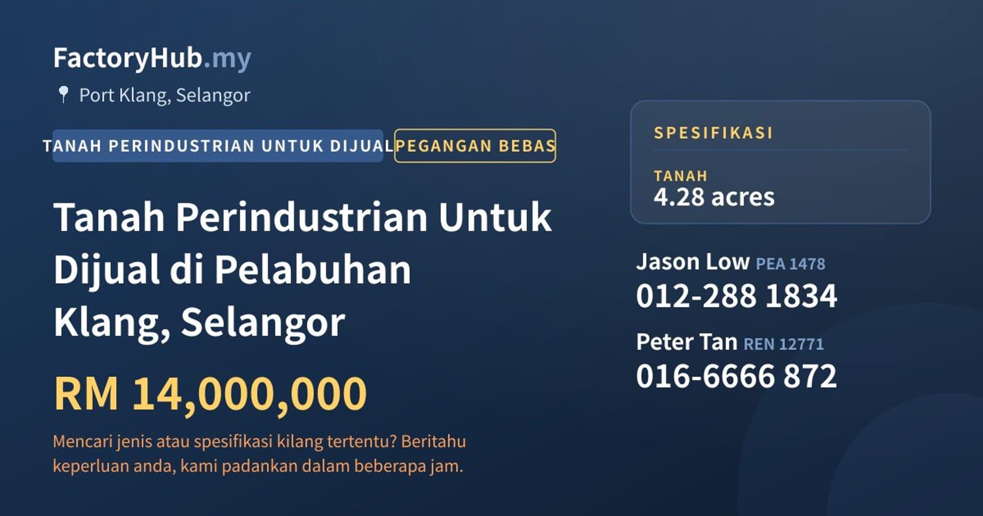 Tanah Perindustrian Untuk Dijual di Pelabuhan Klang, Selangor · Imej hartanah 1/2