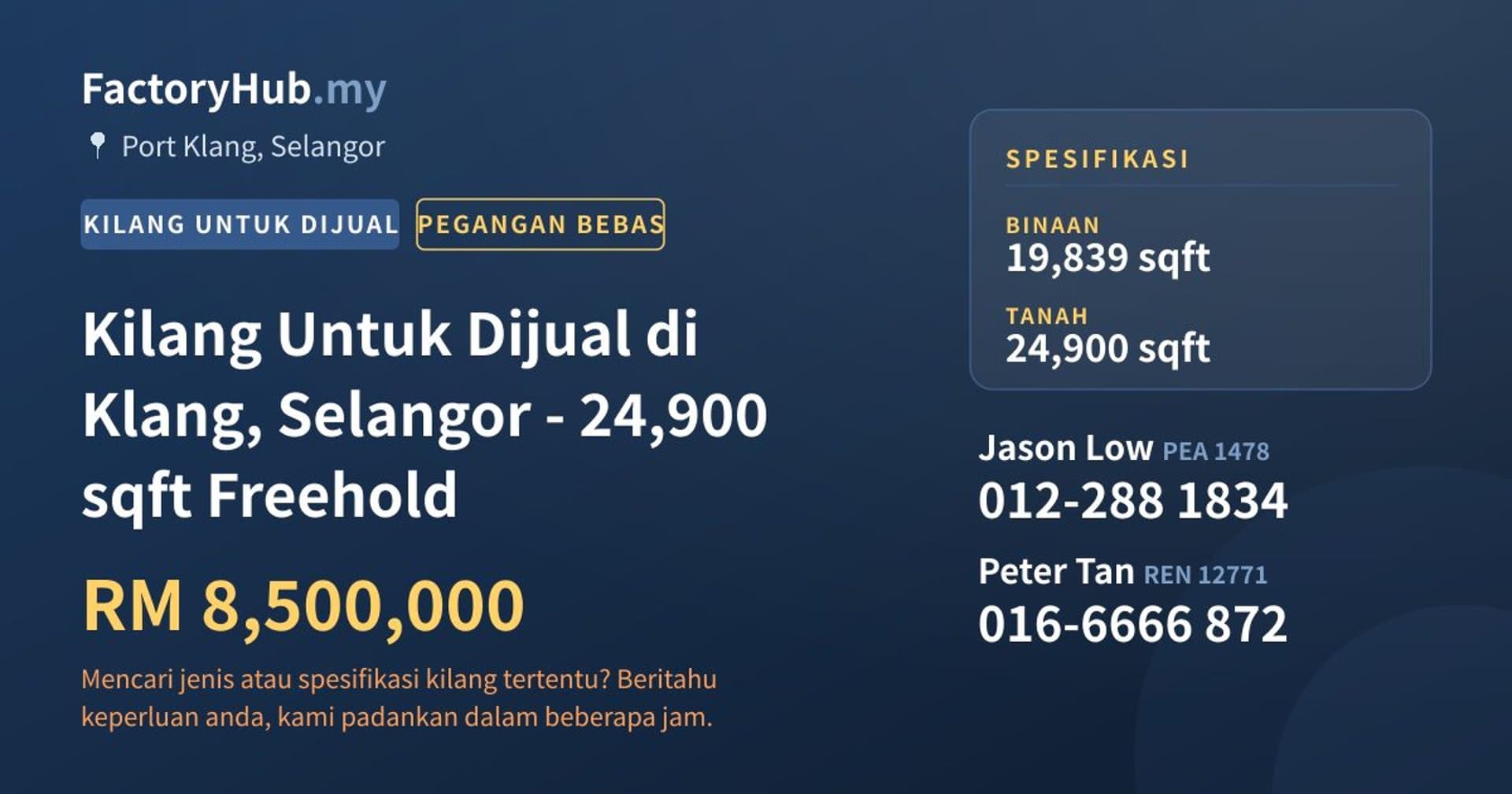 Kilang Untuk Dijual di Klang, Selangor - 24,900 sqft Freehold · Imej hartanah 1/2