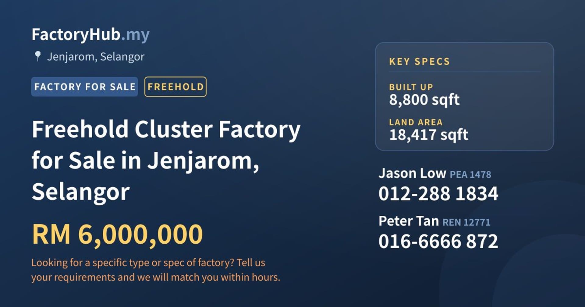 Freehold Cluster Factory for Sale in Jenjarom, Selangor - Property image 1 of 2
