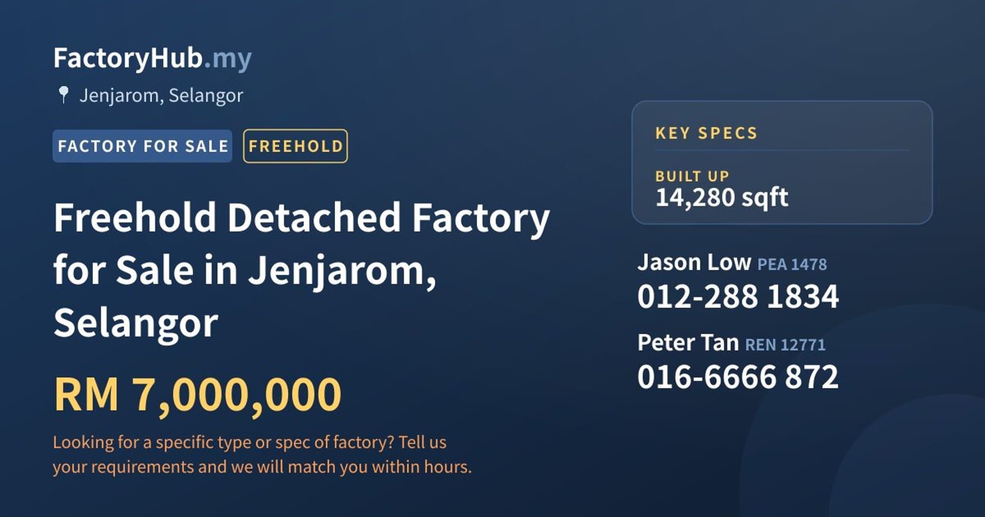 Freehold Detached Factory for Sale in Jenjarom, Selangor - Property image 1 of 2