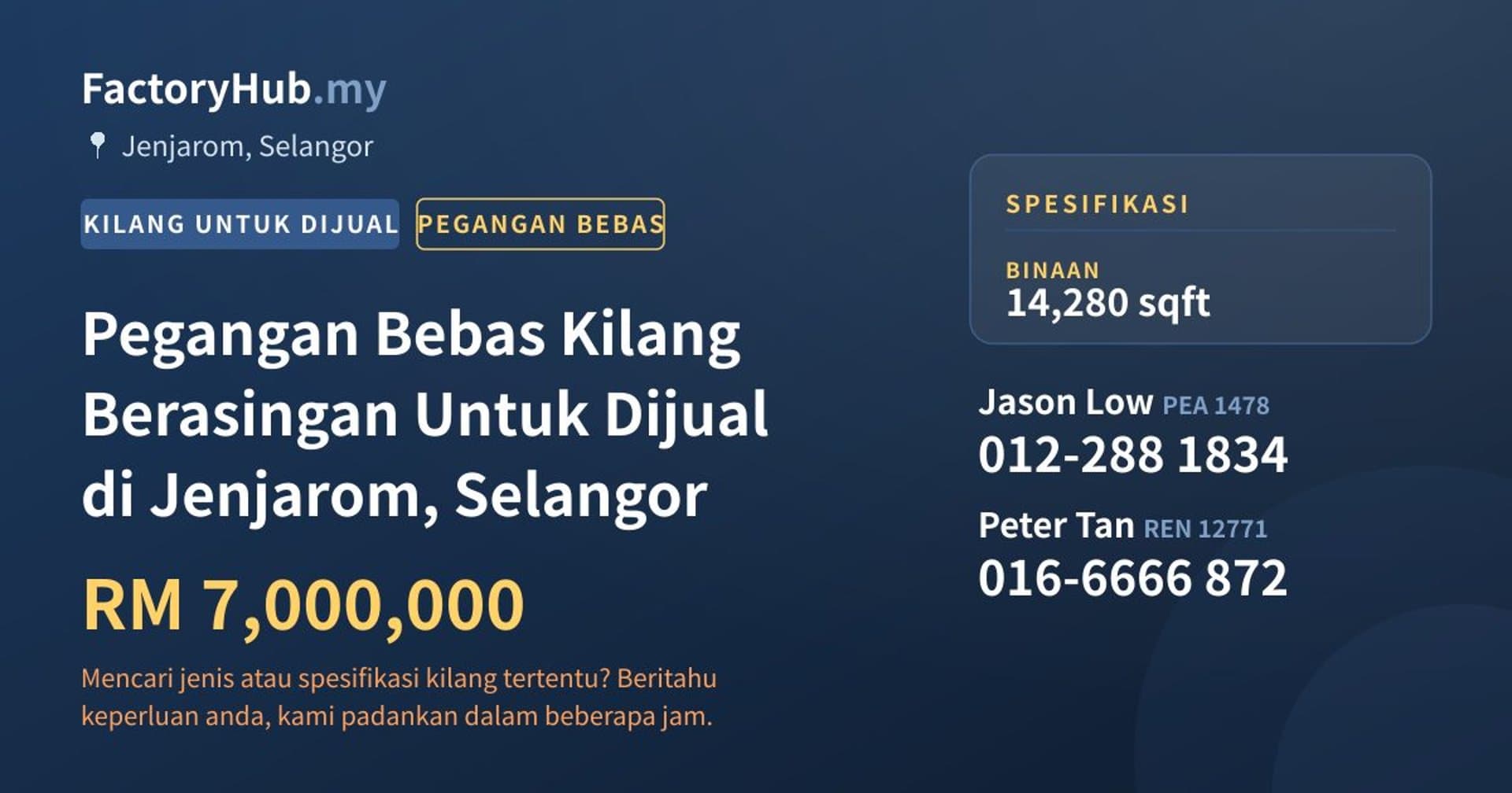 Pegangan Bebas Kilang Berasingan Untuk Dijual di Jenjarom, Selangor · Imej hartanah 1/2