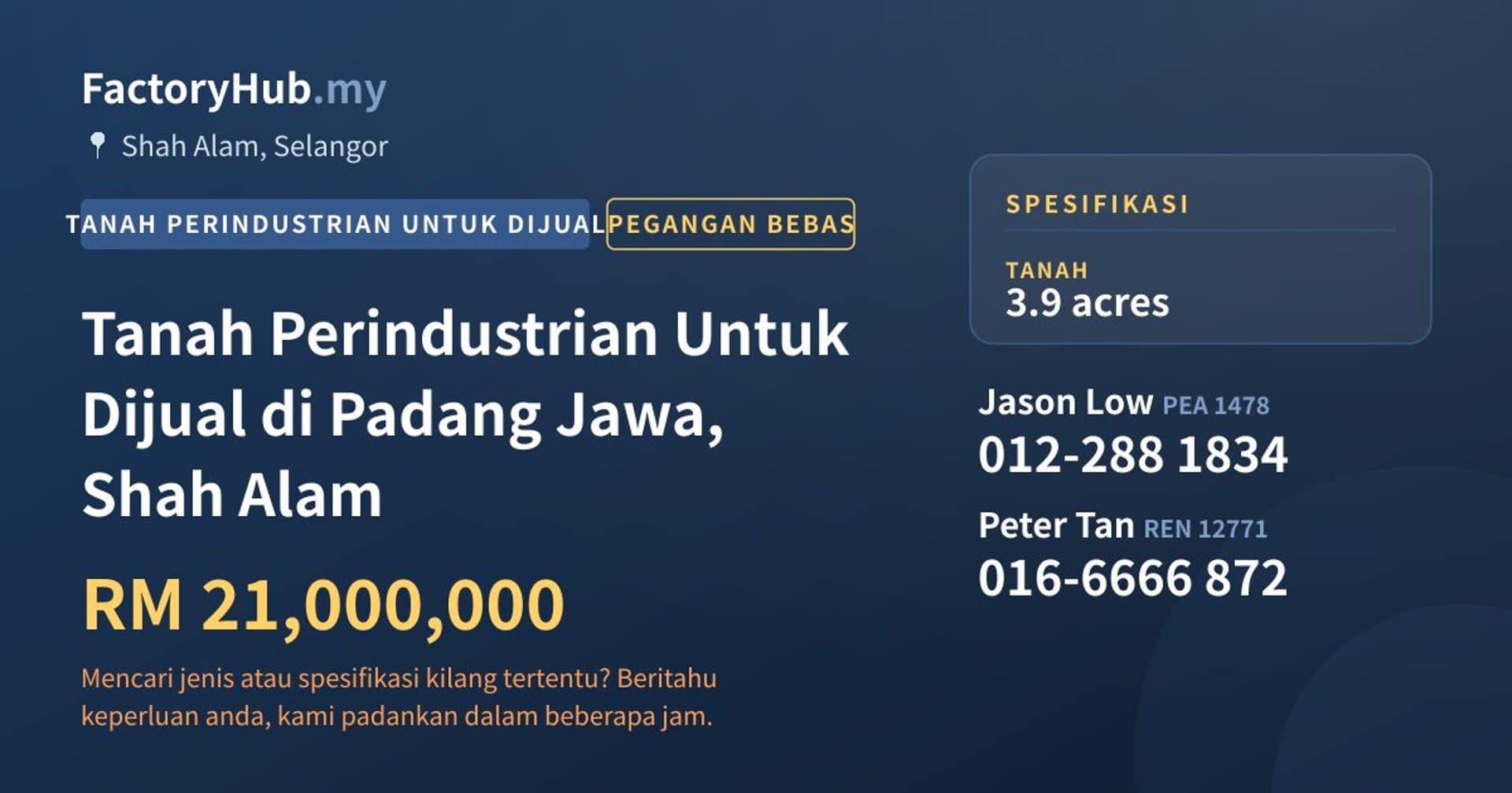 Tanah Perindustrian Untuk Dijual di Padang Jawa, Shah Alam · Imej hartanah 1/2