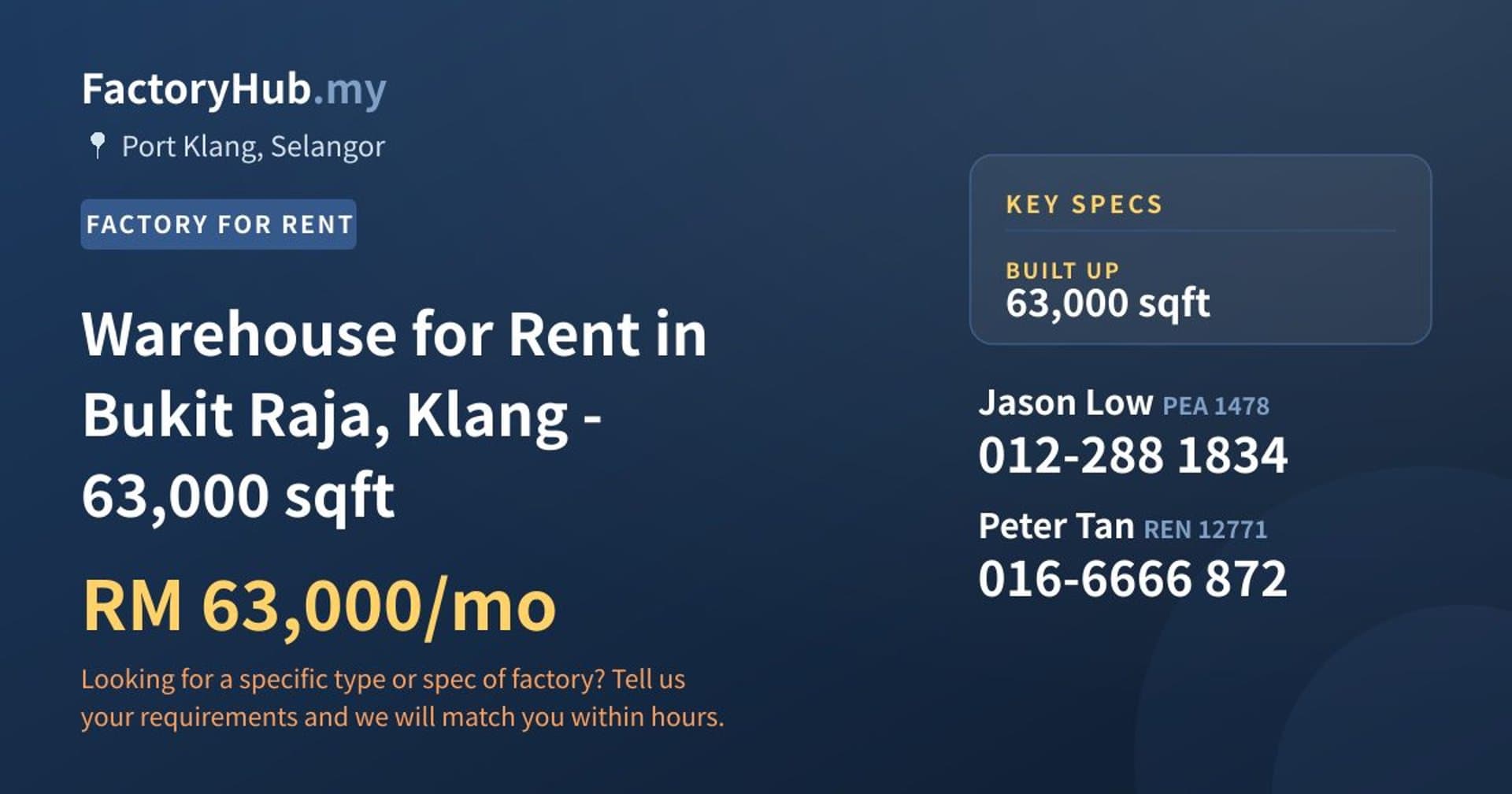 Warehouse for Rent in Bukit Raja, Klang - 63,000 sqft - Property image 1 of 2