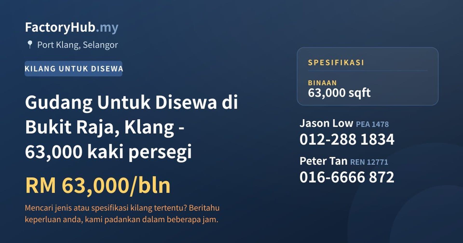 Gudang Untuk Disewa di Bukit Raja, Klang - 63,000 kaki persegi · Imej hartanah 1/2