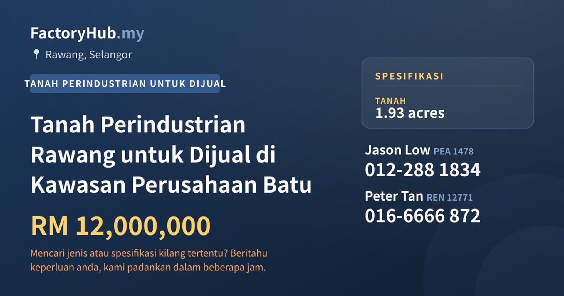 Tanah Perindustrian Rawang untuk Dijual di Kawasan Perusahaan Batu · Imej hartanah 1/2