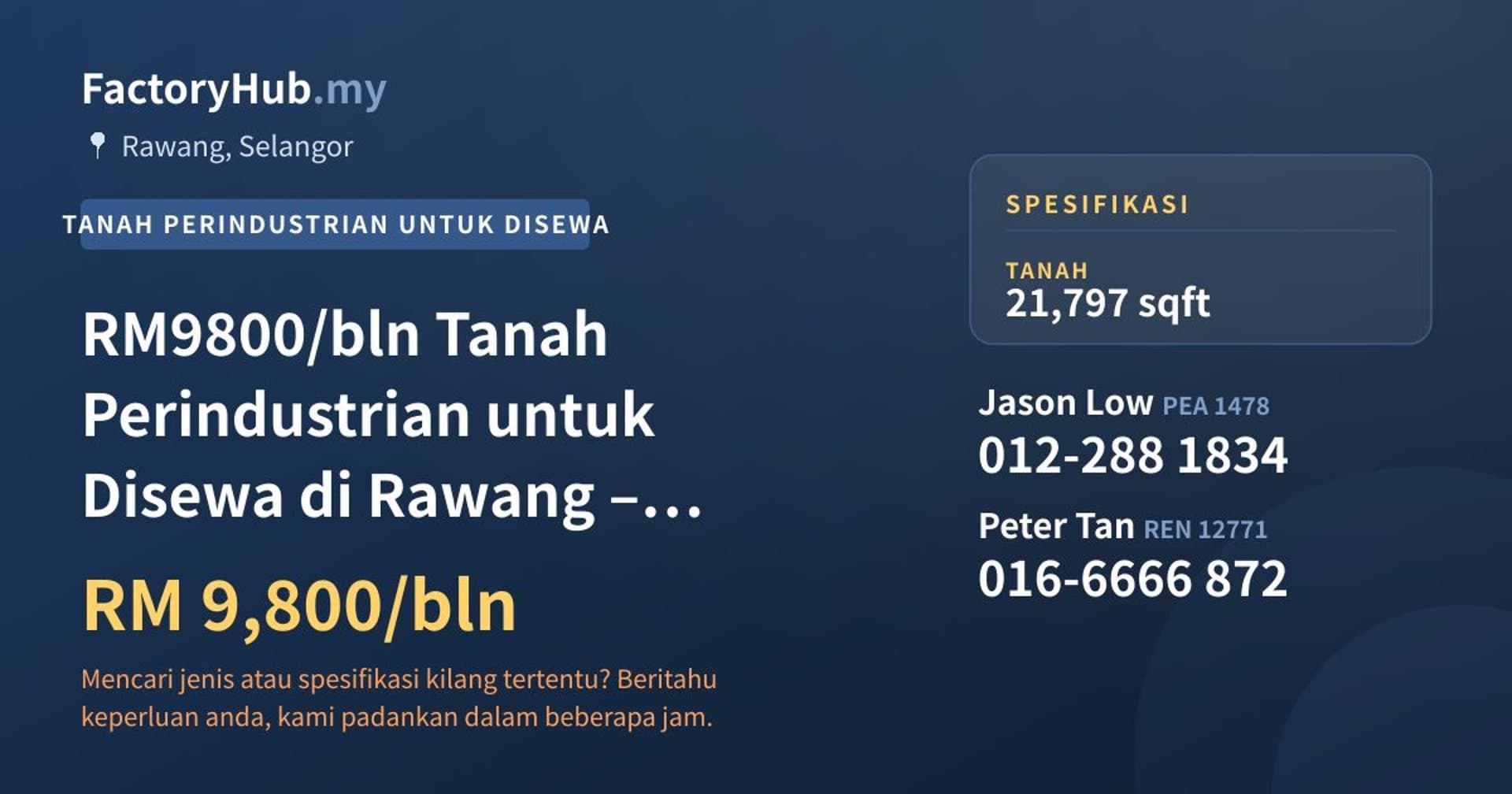 RM9800/bln Tanah Perindustrian untuk Disewa di Rawang – 21797kp · Imej hartanah 1/2
