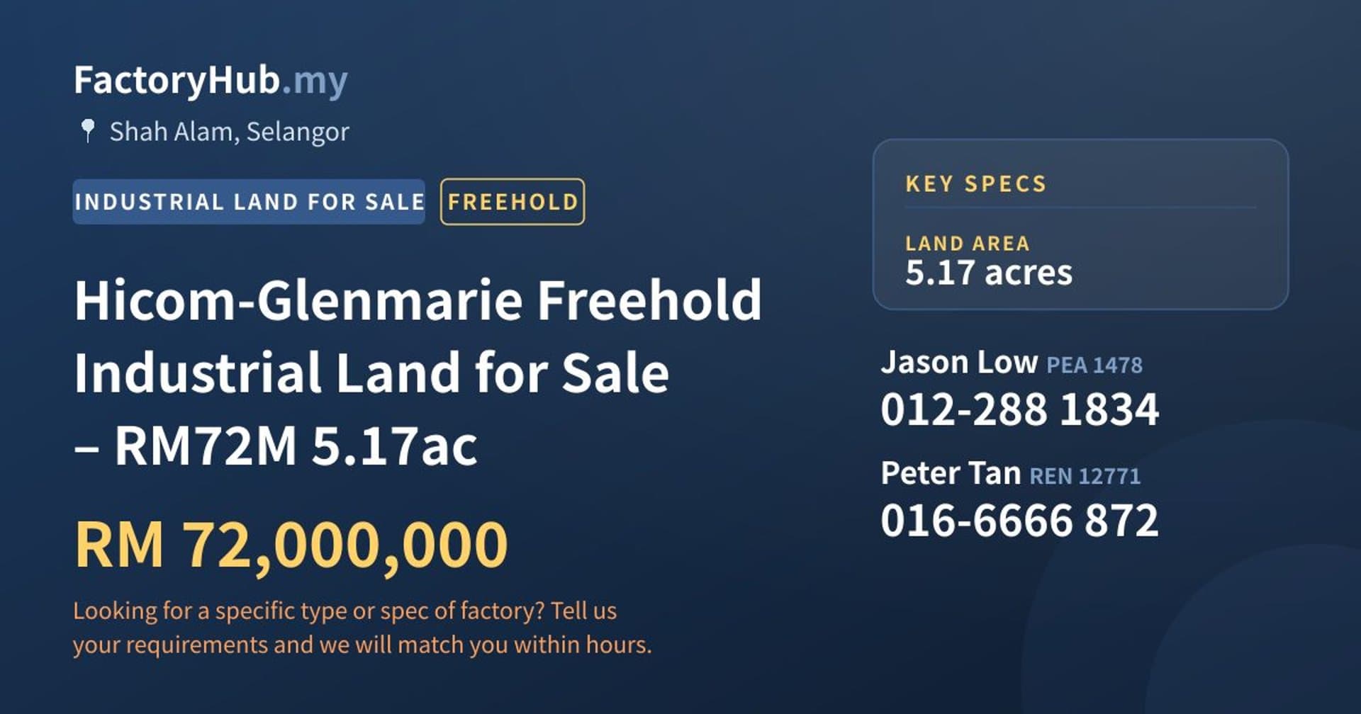 Hicom-Glenmarie Freehold Industrial Land for Sale – RM72M 5.17ac - Property image 1 of 2